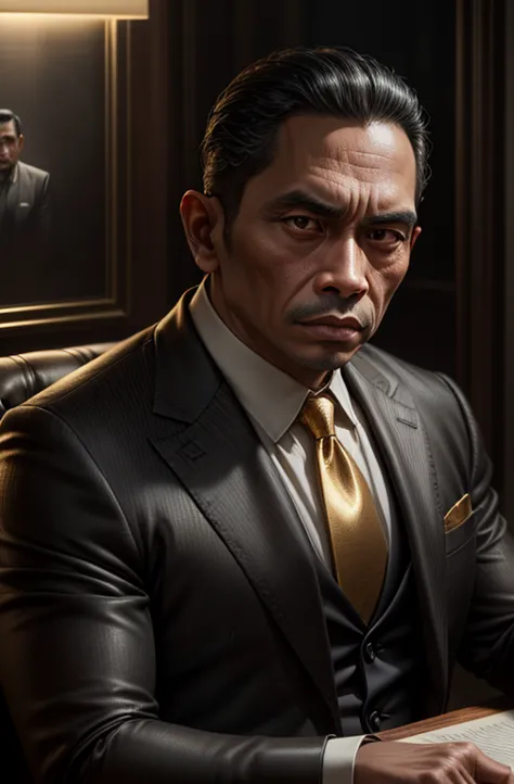 beautiful oil matte portrait painting, mafia boss at his 30s new york office desk, indonesian man, wonderful masterpiece highly ...