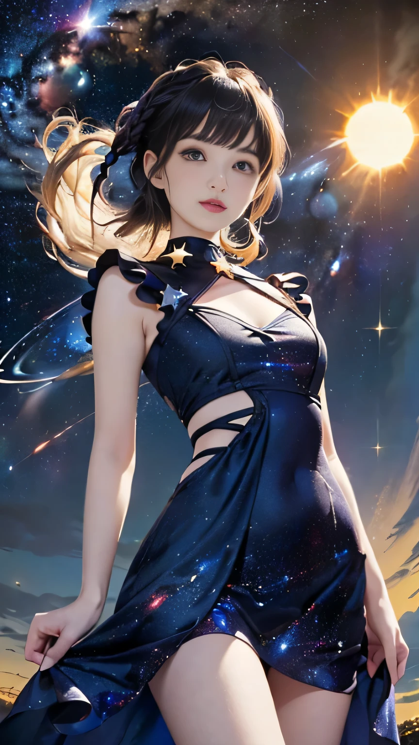 (((Masterpiece))),((top quality)),one beautiful girl,Pale, (A character who personifies the universe: 1.5), (((hair is a star:1.5)))、(planet dress:1.5)))、(belly button)、(sun:1.5),(plain clothes), (skin revealing),(The background is the night sky 1.5).(((from the front:1.5)))、(straight front: 1.5)、(((courtesyｰ:1.5)))、