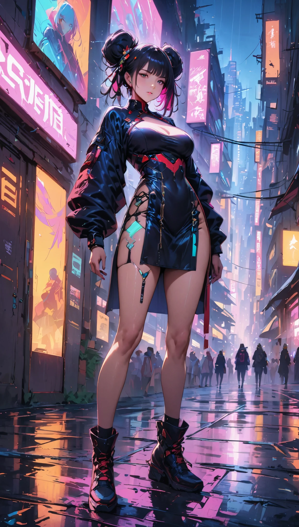 (best quality,4k,highres,masterpiece:1.2),ultra-detailed,(realistic:1.37), Sexy，A girl Chinese costume cyberpunk, （cyberpunk，Chinese clothing，cybernetic implants），looking at camera,hair accessories, bright colors，neon lights，glowing city skyline，Fashion clothing and shoes of the future，A combination of traditional and modern elements，Avant-garde makeup，beautiful breasts，colored inner hair, gradient hair, double bun，Sexual innuendo，confidence and determination，city environment，Metallic feeling，Mechanical armor, Gorgeous accessories，High-tech products，Impressive cybernetic enhancements，Clear focus，gnarly details, Overclocked rendering, Cinematic edge light, fine light, masterpiece, Super details, epic work, ultra high definition, high quality, 32k