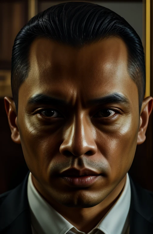 beautiful oil matte portrait painting, mafia boss at his 30s new york office desk, indonesian man, wonderful masterpiece highly detailed, beautiful cinematic light deep focus, elegant, digital painting, smooth, sharp focus, golden ratio, dramatic illumination, ultra realistic, 8k, art by jimmy law,CEO