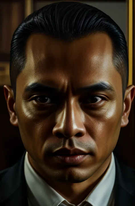 beautiful oil matte portrait painting, mafia boss at his 30s new york office desk, indonesian man, wonderful masterpiece highly ...