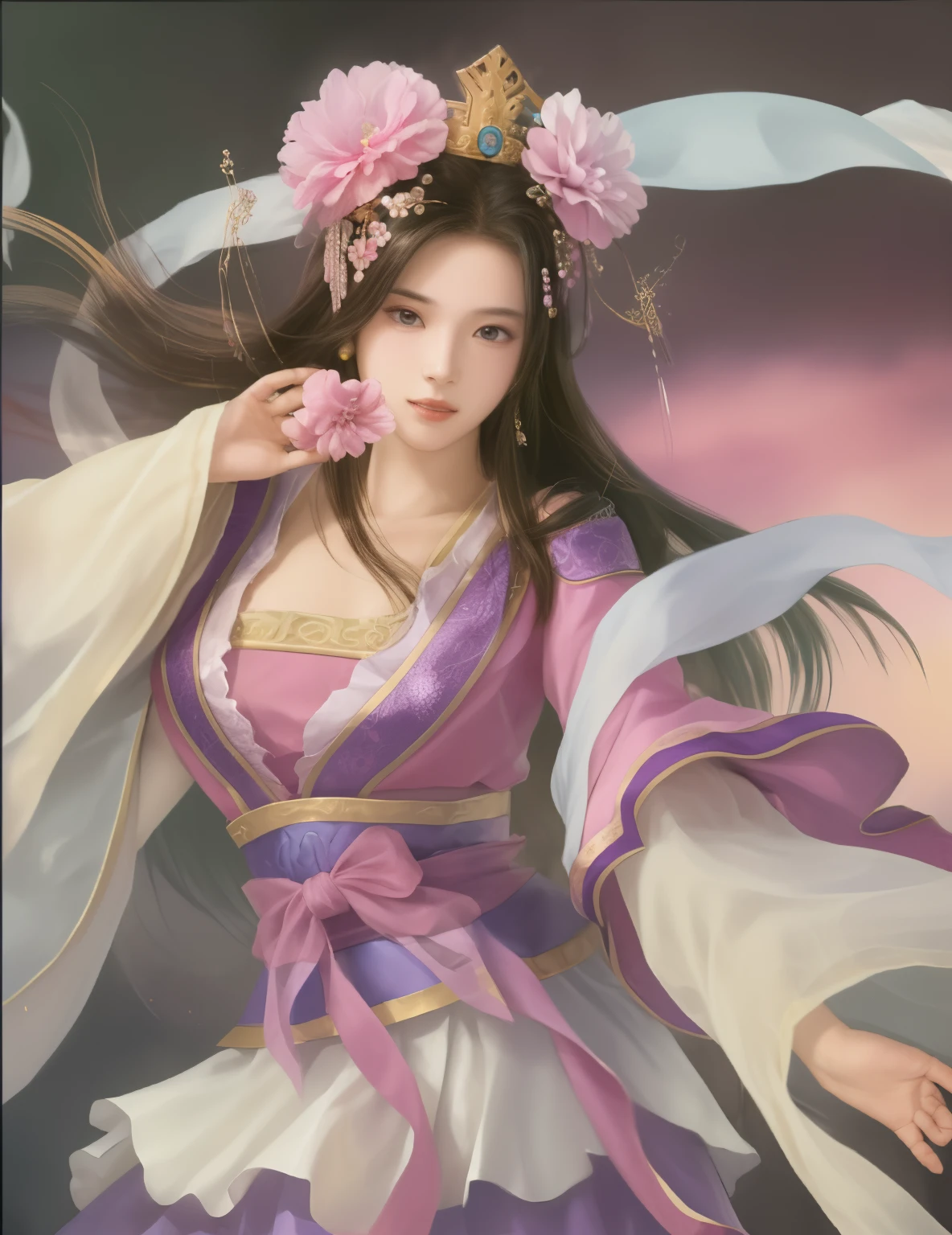 Anime girl wearing flower crown and purple skirt, beautiful fantasy queen, ((beautiful fantasy queen)), beautiful figure painting, Inspired by Lan Ying, palace ， A girl wearing Hanfu, Inspired by Du Qiong, Inspired by Zhu Lian, Inspired by Qiu Ying, heise jinyao, Inspired by Wu Li, Inspired by Wu Bin, yun ling