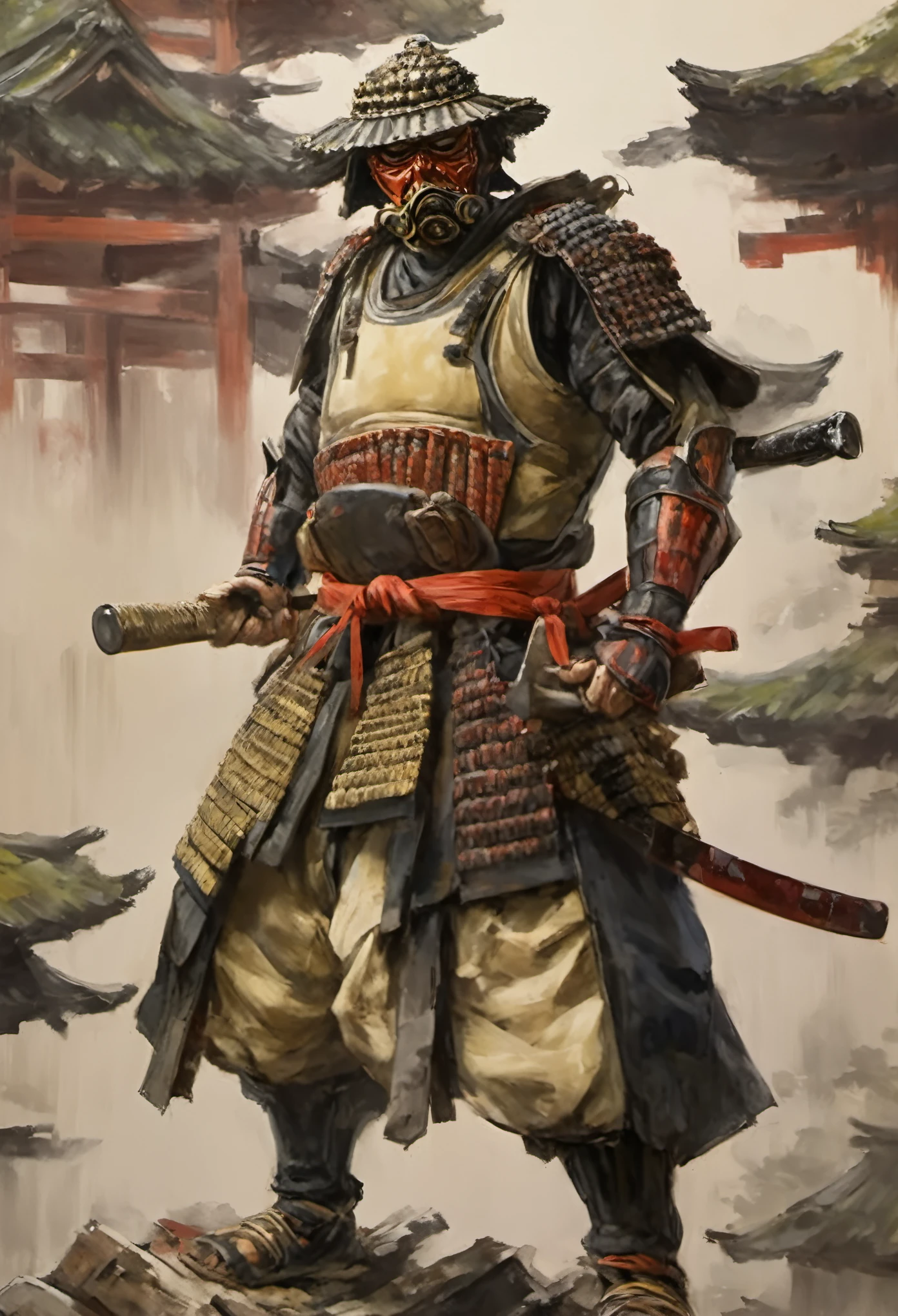 highest quality, masterpiece,craftsman on the roof,working with a hammer,Japanese,The appearance of the samurai,wearing a waist bag