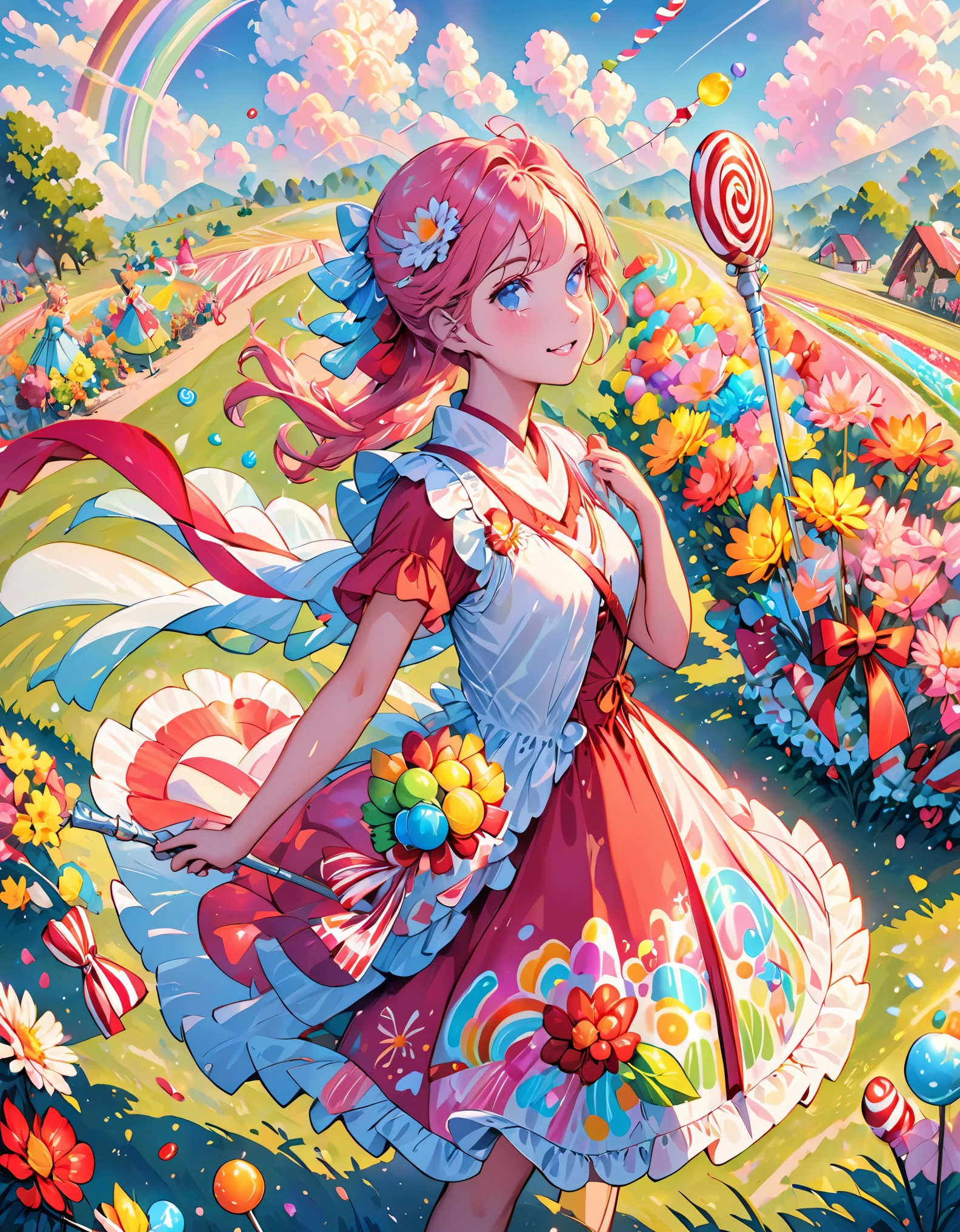 scepter, lots of candy, gumdrops, candycanes, a rainbow, candy, (a field of candy), 1girl, sugar queen, pink dress, a Sceptor of candy