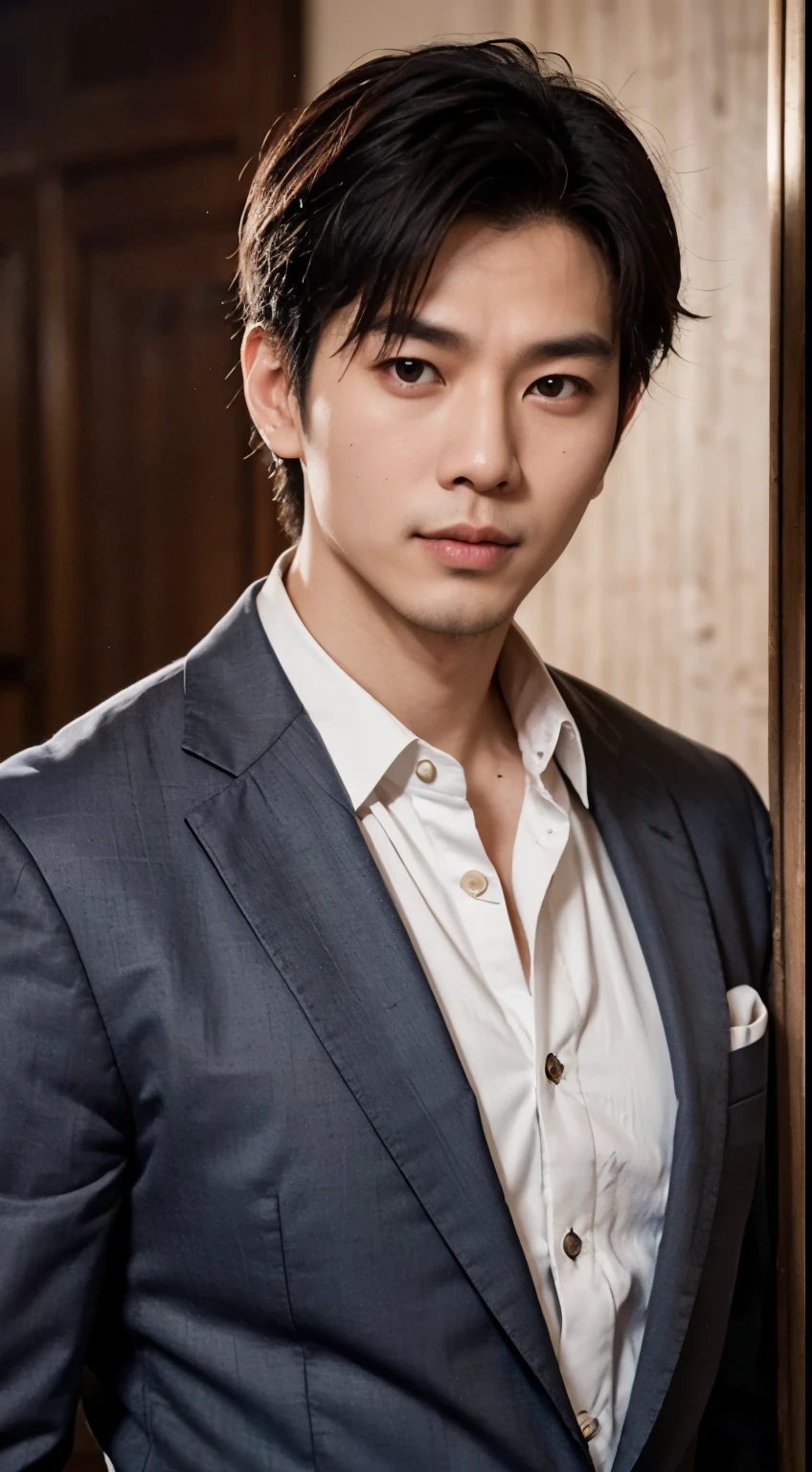 Retrato de um belo homem asiático de 25 anos com aparência de filme de rosto redondo, Acima do peito, vestindo ternos