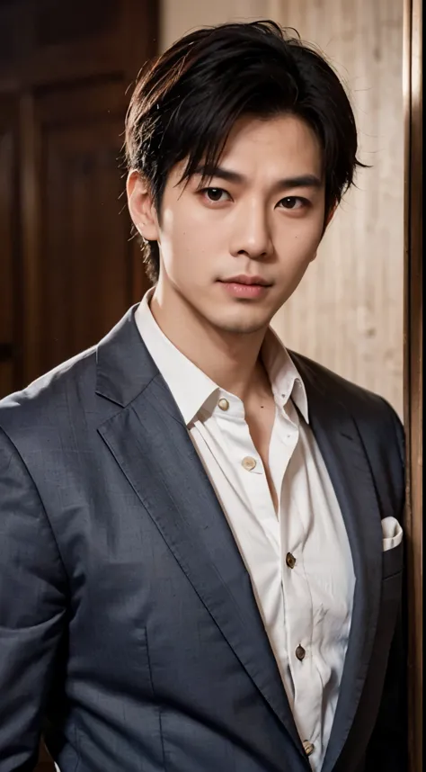 Portrait of a handsome Asian man 25 years old round face movie look, Above the chest, wearing suits