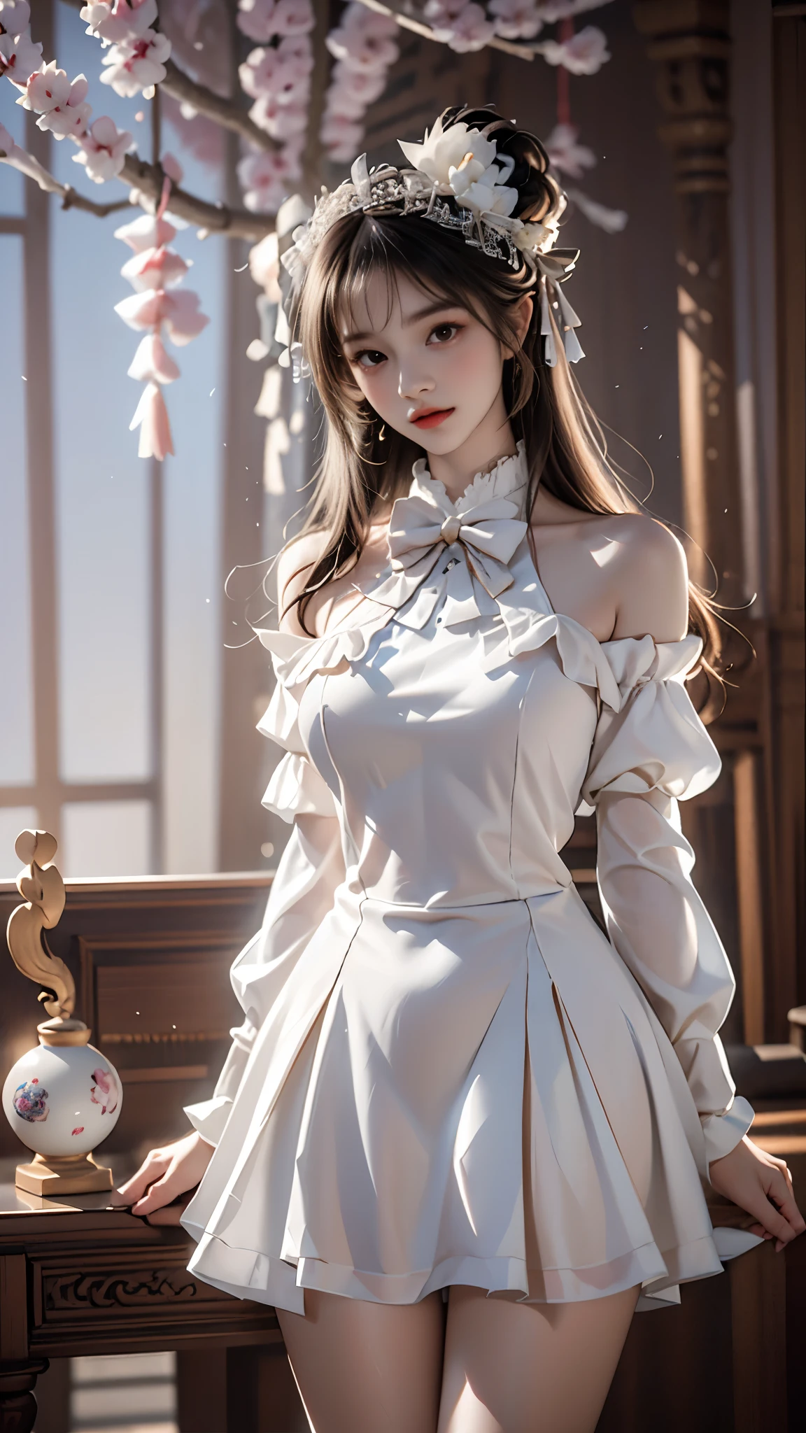 cyb dress, long sleeves, puffy long sleeves, bow,pink dress, masterpiece，best quality，high质量，high清晰度，high质量的纹理，high质量的阴影，high细节，beautiful details，fine details，Extremely detailed CG，Detailed texture，lifelike的面部表现，lifelike的，rich and colorful，exquisite，sharp focus，(intricate detailake up，PureErosFace_V1:0.5)，(细节美exquisite脸，(细节美exquisite眼睛)，Perfect比例的脸，highDetails of the skin，Details of the skin，Four fingers and one thumb in optimal proportions，emaciated:1.3)，1 girl，17 years old，high，(Smooth abs:1.55)，pretty，Perfect，high，((bare shoulders)), ((The skirt is short)), (long legs)，(straight legs)，(thin waist)，((White skin))，White skin，((White skin))，(emma watson)，Big breasts，((Caucasian))，light blonde hair，Stand with legs apart，looking at the audience，whole body，Portrait of cute blonde girl，((Cherry tree)), ((站在Cherry tree下,Look into the distance))，bloom，orange mist，sports，Wisps of hair，lifelike，high品质渲染，amazing art，high品质，film texture，Fujifilm XT3，dream