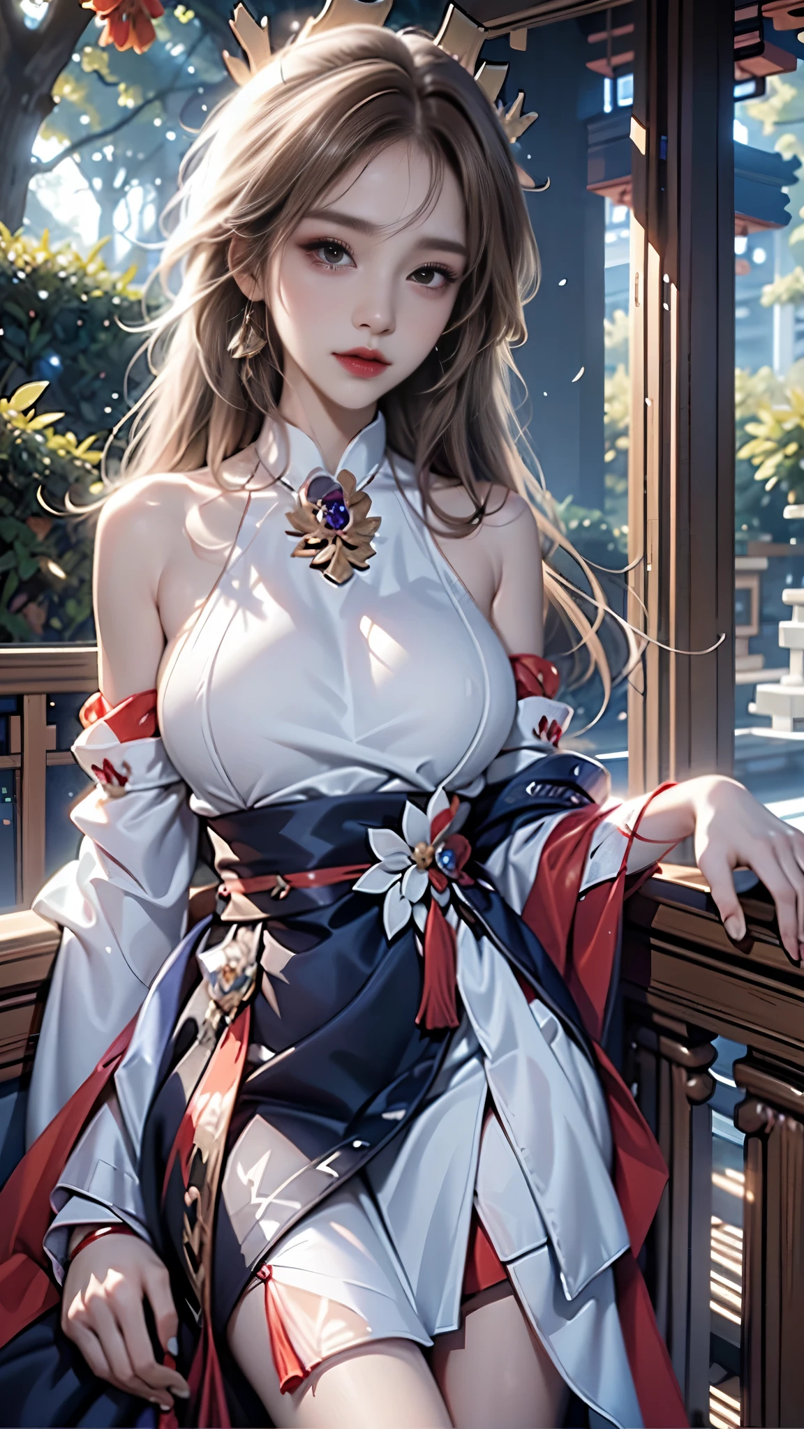 yae_miko, masterpiece，best quality，high quality，High definition，high quality的纹理，high quality的阴影，High details，beautiful details，fine details，Extremely detailed CG，Detailed texture，lifelike面部表现，lifelike，rich and colorful，exquisite，sharp focus，(intricate detailake up，pureerosface_v1:0.5)，(Beautiful details, exquisite face，(Beautiful details, exquisite eyes)，Perfectly proportioned face，highDetails of the skin，Details of the skin，Four fingers and one thumb in optimal proportions，emaciated:1.3)，1 girl，17 years old，high，(Smooth abs:1.55)，pretty，Perfect，high，((bare shoulders)), ((The skirt is short)), (long legs)，(straight legs)，(thin waist)，((White skin))，White skin，((White skin))，(emma watson)，Big breasts，((Caucasian))，light blonde hair，Stand with legs apart，looking at the audience，whole body，Portrait of cute blonde girl，((Cherry tree)), ((Standing under the cherry tree,Look into the distance))，bloom，orange mist，sports，Wisps of hair，lifelike，high quality渲染，amazing art，high quality，film texture，Fujifilm XT3，dream