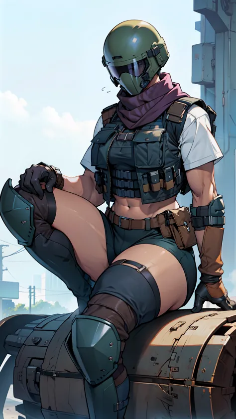extremely dark skin short hair perfect anatomy 1 girl tall solo curvy crop top toned body ((lagging)) ((perfect hands)) ((boots)) ((scarf)) ((gloves)) ((bulletproof vest)) ((knee pads)) mask and helmet good hands sexy