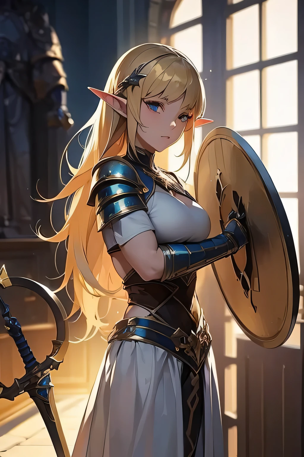 ((masterpiece, best quality)), (elf ears), female elf singing, female blonde elf with blue eyes in armor, stunning character art, character art of a beautiful female elf singing:1.4, athletic body, muscular:1.3, Well trained, abs, epic exquisite character art, character art portrait, rossdraws 1. 0, high quality digital concept art, beautiful female knight wearing armor, a blonde warrior, holding weapon and shield, holding a sword and shield, the elf, she is holding a sword, Holding a shield, holding shield and sword, Holding a sword & A shield, elf princess knight