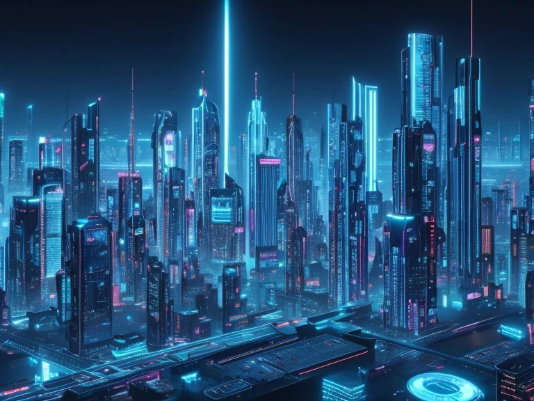 （（best quality）），（（masterpiece）），（（realism）），in the style of futuristic，cyberpunk，skyscrapers，sense of technology，blue tint，Mechanical City，LCD large screen