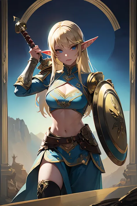 ((masterpiece, best quality)), (elf ears), female elf singing, female blonde elf with blue eyes in armor, stunning character art...