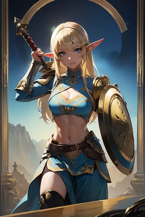 ((masterpiece, best quality)), (elf ears), female elf singing, female blonde elf with blue eyes in armor, stunning character art...