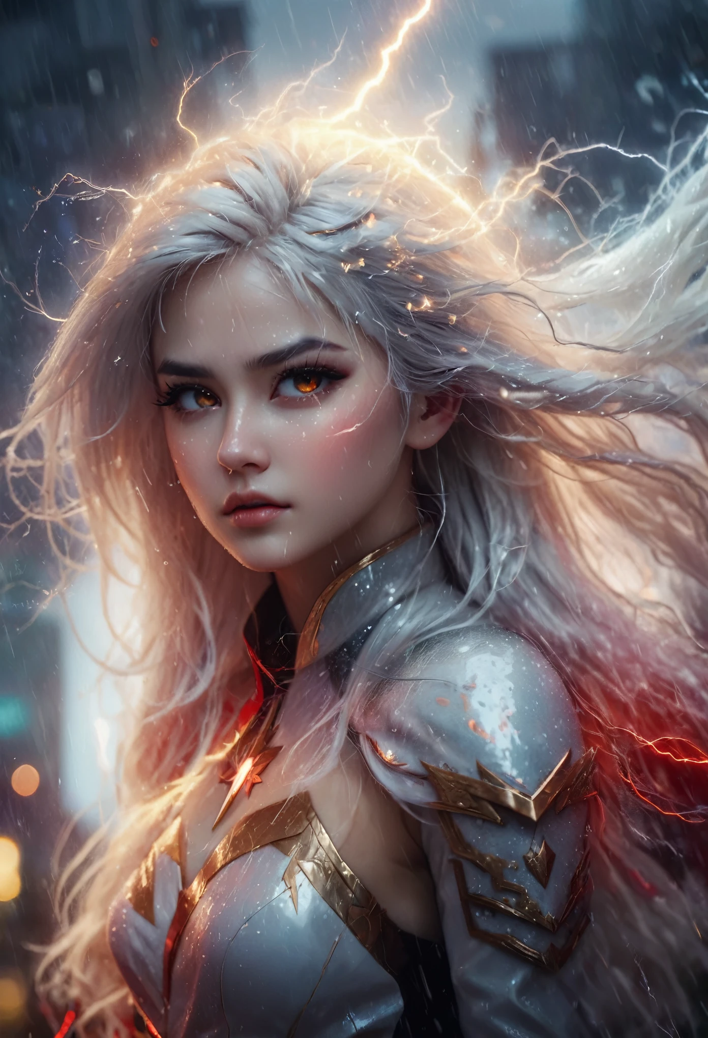 masterpiece, best quality, extremely detailed, cinematic lightning, intricate detail, highres, official art, finely detailed beautiful face and eyes, high resolution illustration, 8k, depth of field, bokeh, solo, 1girl, a girl with white hair and red eyes, long white hair, beautiful red eyes, beautiful landscape, rainy city, upper body, looking at viewer, close up
