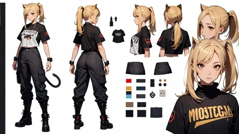 (Masterpiece, best quality), detailed, ((character concept art)), ((character design sheet, same character, front, side, back)), many items, (1girl, (monstergirl, catgirl), t-shirt, cargo pants, military boots, many parts), (light skin color:1) , (brown ey...