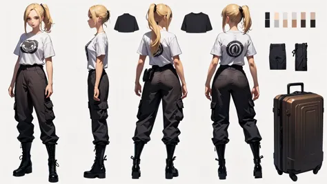 (Masterpiece, best quality), detailed, ((character concept art)), ((character design sheet, same character, front, side, back)), many items, (1girl, t-shirt, cargo pants, military boots, many parts), (light skin color:1) , (brown eyes), detailed face, rand...