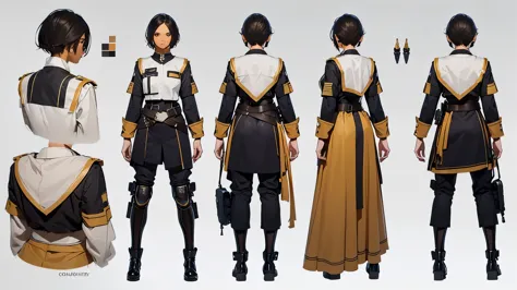 (Masterpiece, best quality), detailed, ((character concept art)), ((character design sheet, same character, front, side, back)), many items, (random gender, sci-fi uniform cloth, space traveler cloth, military cloth, many parts), (random skin color:2) , (r...