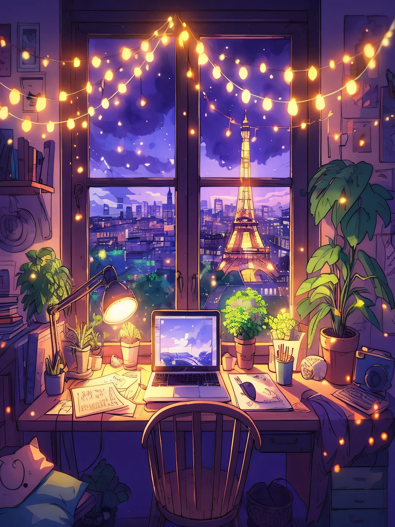 Draw anime lofi scene of fairylights tiny workdesk room, cozy, plants, books, laptop, household items, eiffel tower visible from window,  ambient light, purple greenish light, vibrant colors, peaceful, natural color tones, cloudy sky, beautiful color palette, vibrant saturated colors, masterpiece, no human