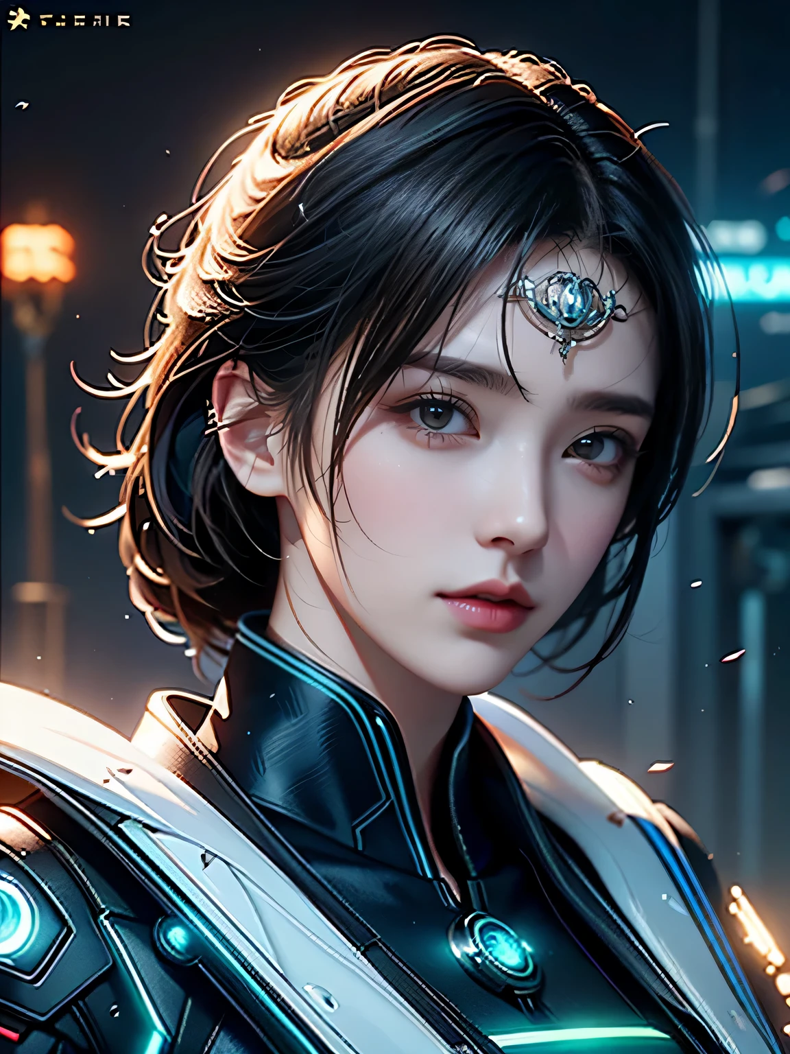 masterpiece，best quality，very high resolution，8K，((portrait))，((Head close-up))，original photo，real picture，digital photography， (Cyberpunk style future world woman)，(fighting girl)，22 year old girl，(short hair white hair)，Eyes with rich details，((tear nevus))，lip gloss，(Elegant and charming，Indifferent and noble)，(Fashionable clothing full of futuristic technology，Exquisite pattern，Sparkling jewelry and red)，cyberpunk characters，futuristic style， photo poses，night background，Cinema lights，Ray tracing，Game CG，((3D Unreal Engine))，oc render reflection texture