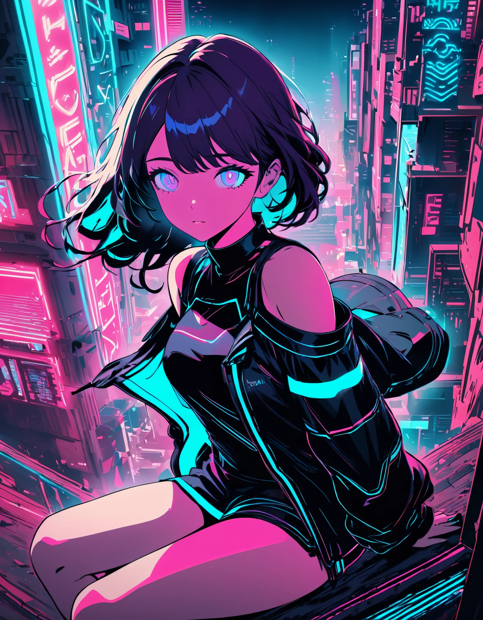 masterpiece,best quality,1 synth wave style girl,blue outline,streets with neon lights,blue fluorescent coatings,solo,from above,cowboy shot,sitting on the top of the building,extremely detailed CG,flat color,limited palette,noline art,silhouette,partially colored,alternate color,dynamic angle,blue long upper shan,dark violet shadow,synth wave,chromatic aberration,(solo focus),perfect shadow,wearing an off- shoulder floating jacket,delicate face,bare shoulder,beautiful and delicate eyes,delicate background,blue neon light,