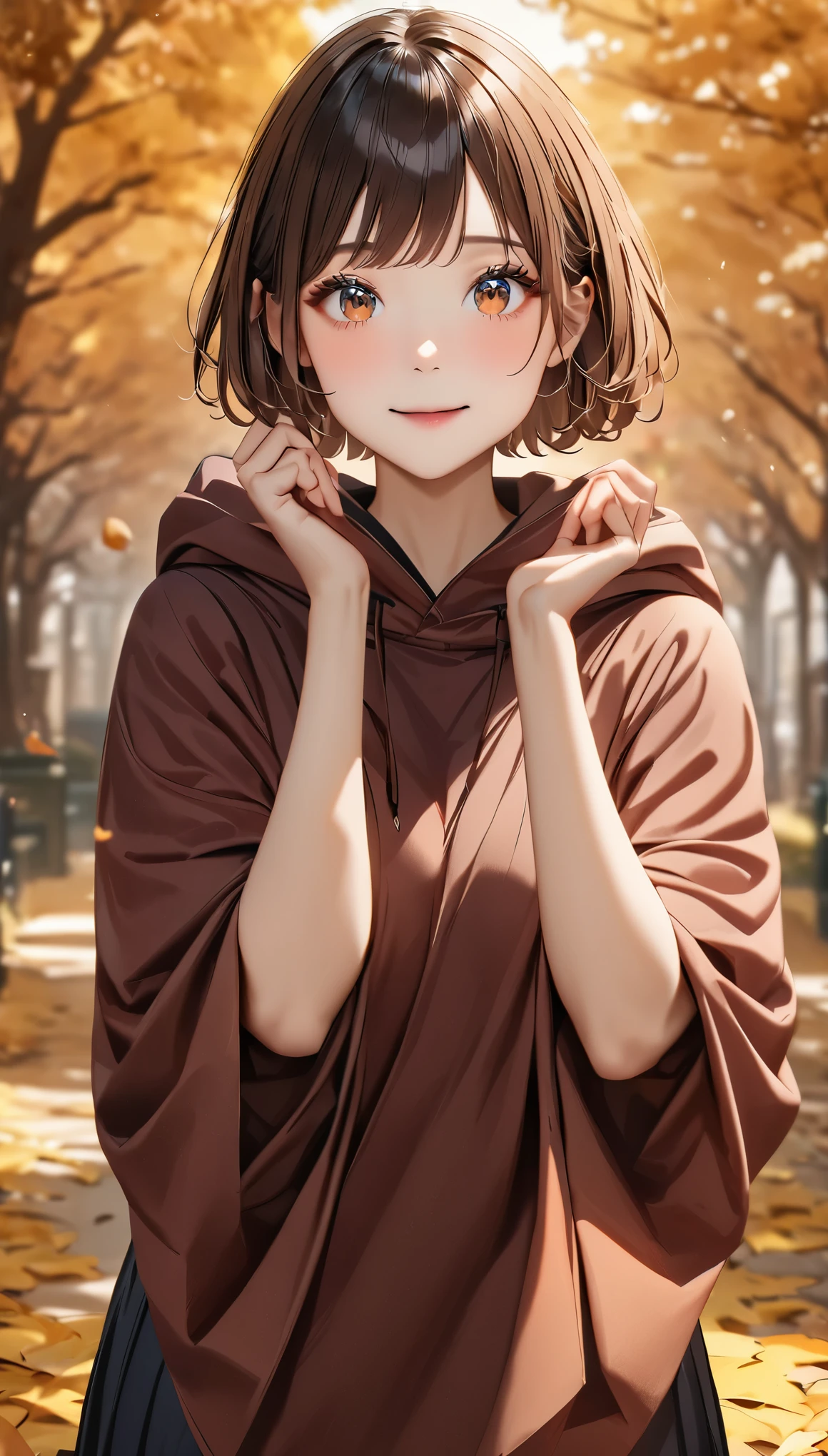 one girl、perfect anatomy、correct human body、layered haircut、wavy short hair、cute face woman、perfect beauty、Natural color poncho style hoodie、silence、white wall、autumn tree々々々々々々、White world and trees with autumn leaves々々々々々々々、simplified background、natural soft light、to be born、Photoreal、最high quality、real stick、high quality、High level image quality、random pose