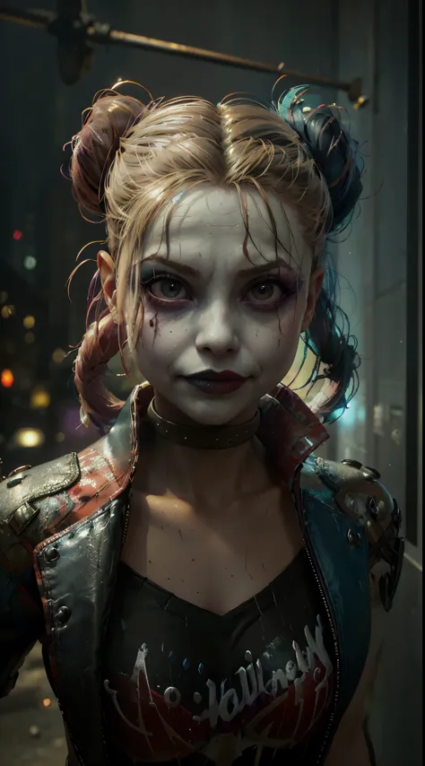 Harley Quinn and a skull face surrounded by skulls, portrait of Joker, grotesque Harley Quinn, portrait of Harley Quinn, Dan Mum...
