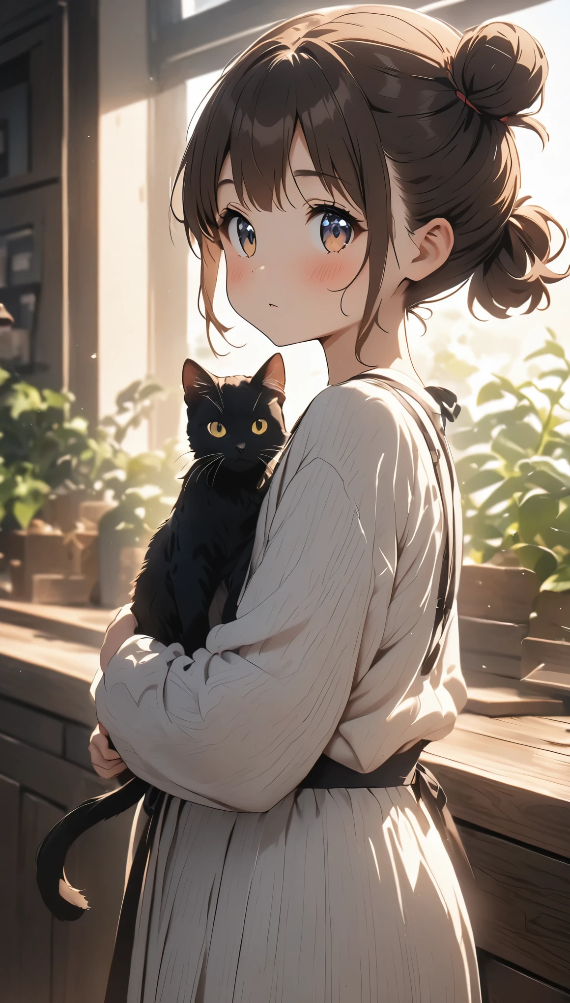 highest quality、Black catを抱く女の子、cute 14 year old girl、Bun hair with brown hair tied、Black cat、natural look、long shot、Natural light