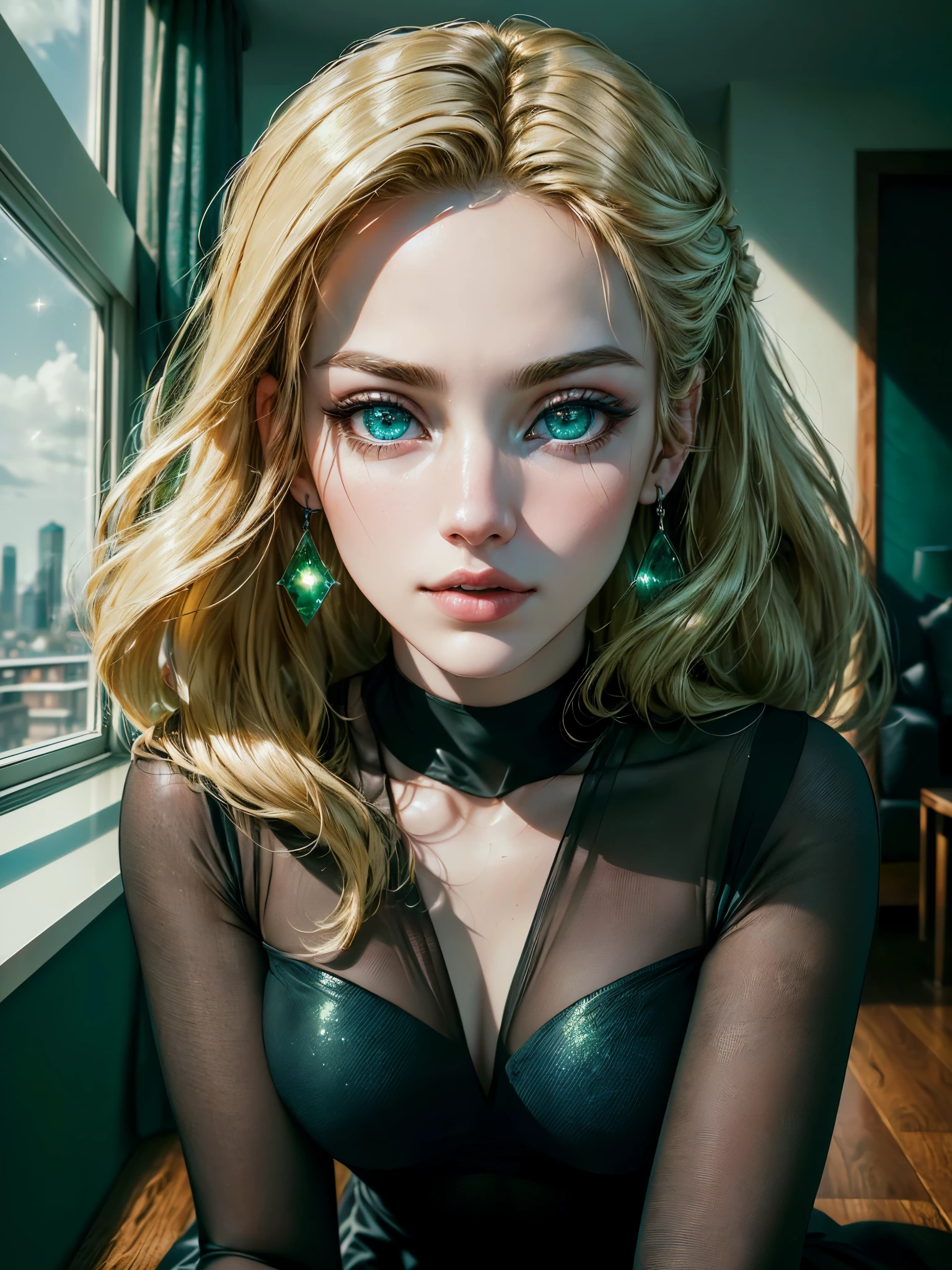 (masterpiece, high resolution, photo-realistic:1.4), (depicting a stunning model leaning against the window on the top floor of a building:1.3), (her face basked in the warm sunlight, with the wind gently tousling her flowing blonde hair:1.2), (her eyes a captivating blend of green and blue, sparkling intensely:1.4), (her flawless skin radiating beauty:1.3), (her body exuding allure and perfection, dressed in a sensuous black outfit:1.2), (her earrings elegantly matching the colors of her eyes:1.2), (Canon EOS R5 mirrorless camera:1.3), (paired with a Canon RF 85mm f/1.2L USM lens:1.3), (capturing every detail of her mesmerizing presence:1.2), (the hotel room setting offering a panoramic view of the cityscape:1.3), (floor-to-ceiling windows letting in abundant natural light:1.2), (sleek and modern interior design adding to the allure:1.1), (a captivating photograph of a model with the most symmetrical and beautiful face in the world:1.4)