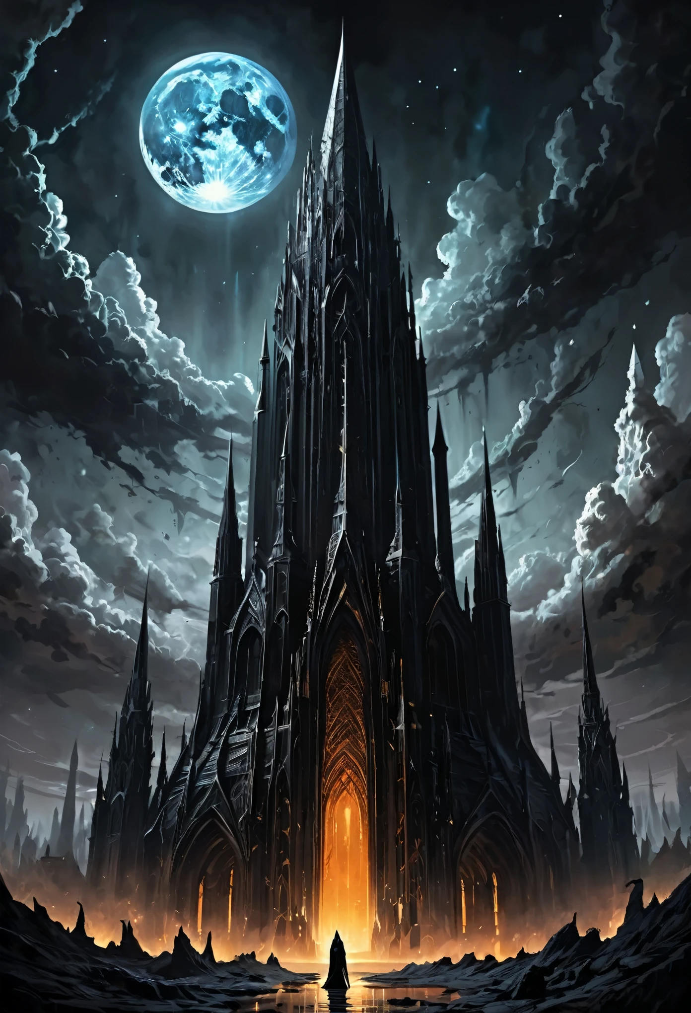  Illustrate a fantastical realm where towering monoliths of darkness contrast with towering spires of luminescent magic, depicting the divergent perceptions of the world as either bleak or wondrous.