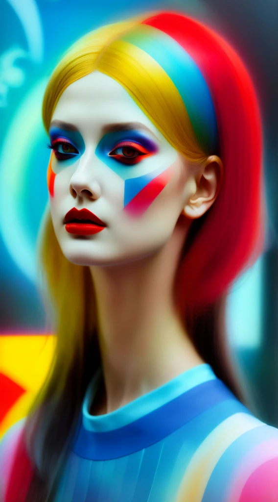 Create an image of a stunning digital painting depicting a girl with geometric face paint, Minimalist mixed media high gloss acrylic on silk aesthetically pleasing Anamorphosis 3d bas relief intaglio spiralic motion generator with transparent cyberpunk analog clock face ruby red lips and eyeball MC Esther, Mondrian, sf, intricate artwork masterpiece, ominous, matte painting movie poster, golden ratio, trending on cgsociety, intricate, epic, trending on artstation, by artgerm, h. r. giger and beksinski, highly detailed, vibrant, production cinematic character render, ultra high quality model