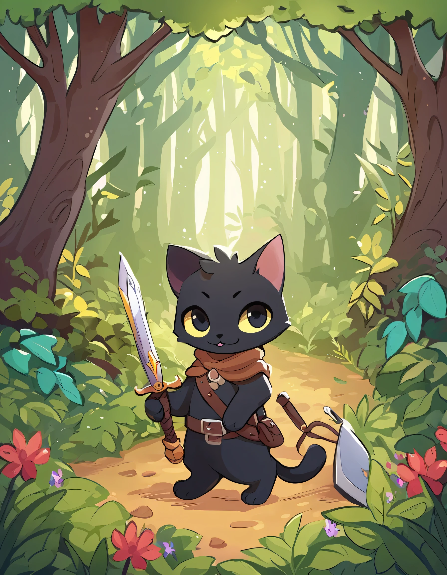 一只可爱的黑猫的插图, 带着剑和盾牌穿越森林冒险