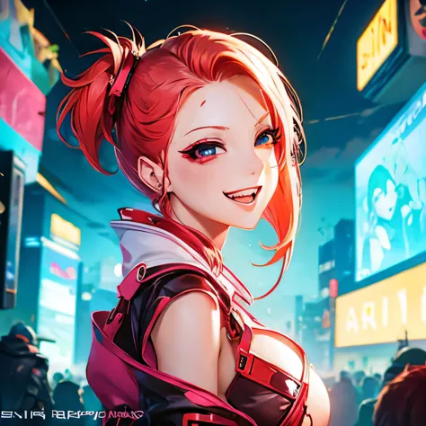 sexy anime girl in cyberpunk style redhead vampire cute laugh slim