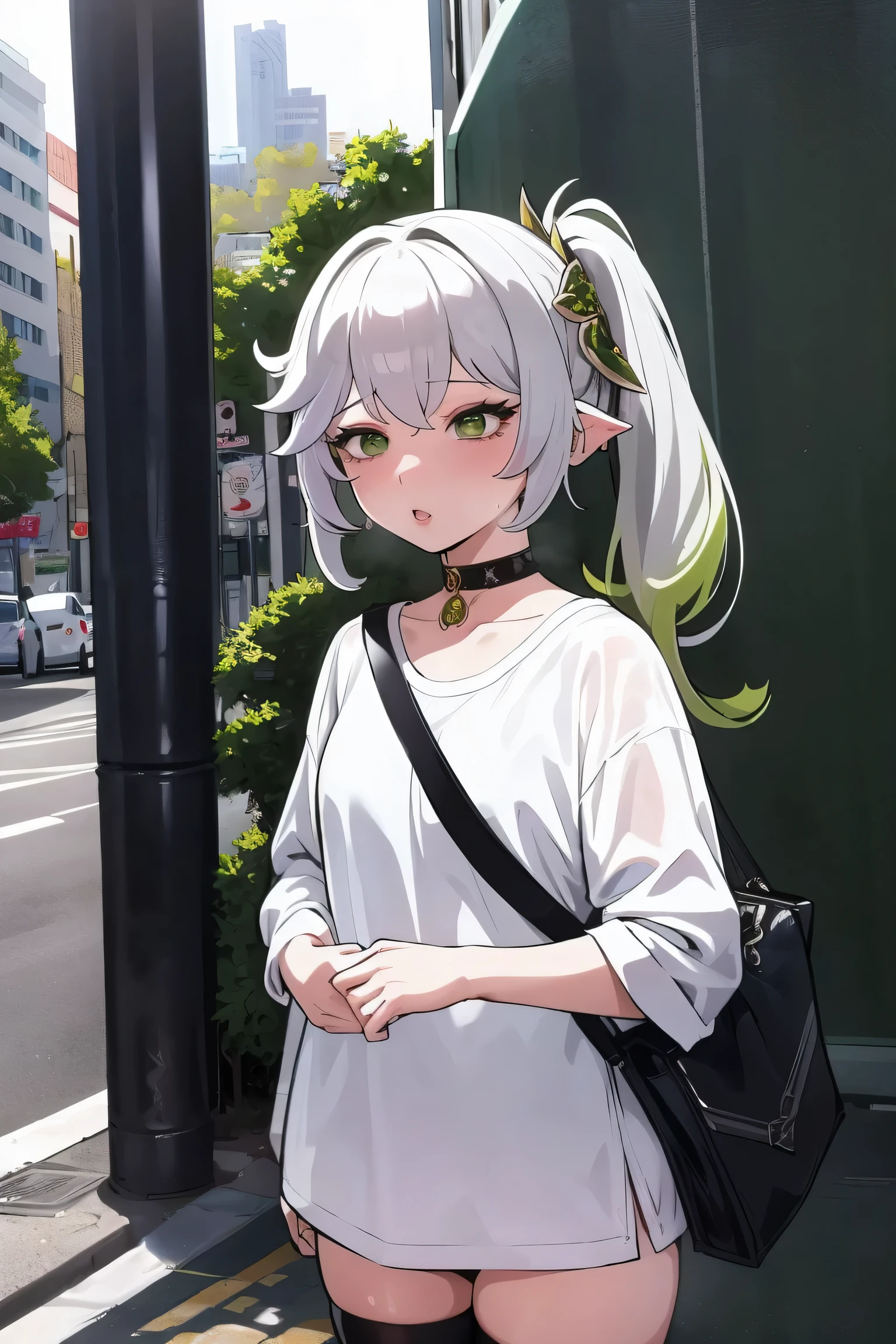 Anime girl with white hair and green eyes standing on the side of the  street - SeaArt AI