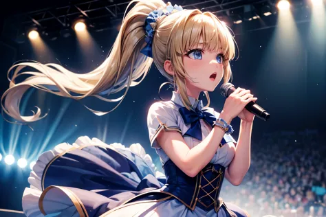 hight resolution, top-quality, ultra-quality, The ultra-detailliert, lighting like a movie, a girl ( Kei Karuizawa) singing in stage, blonde hair with ponytail hairstyle and blue eyes, long shot POV