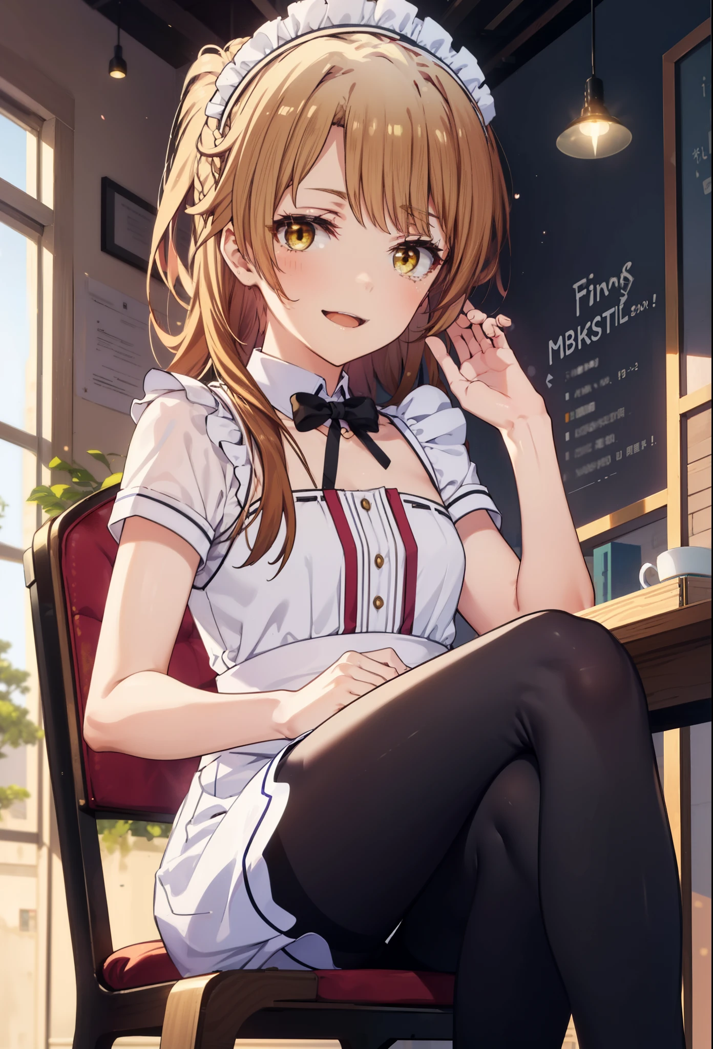 irohaisshiki, iroha isshiki, long hair, brown hair, (brown eyes:1.5), Smile, smile, open your mouth,short braided hair,ponytail,blush,smile,Maid clothes,Medium chest,she was wearing a miniskirt, black pantyhose, sitting cross-legged on a chair,So that the whole body goes into the illustration,
break indoors, coffee shop,
break looking at viewer,
break (masterpiece:1.2), highest quality, High resolution, unity 8k wallpaper, (shape:0.8), (fine and beautiful eyes:1.6), highly detailed face, perfect lighting, Very detailed CG, (perfect hands, perfect anatomy),