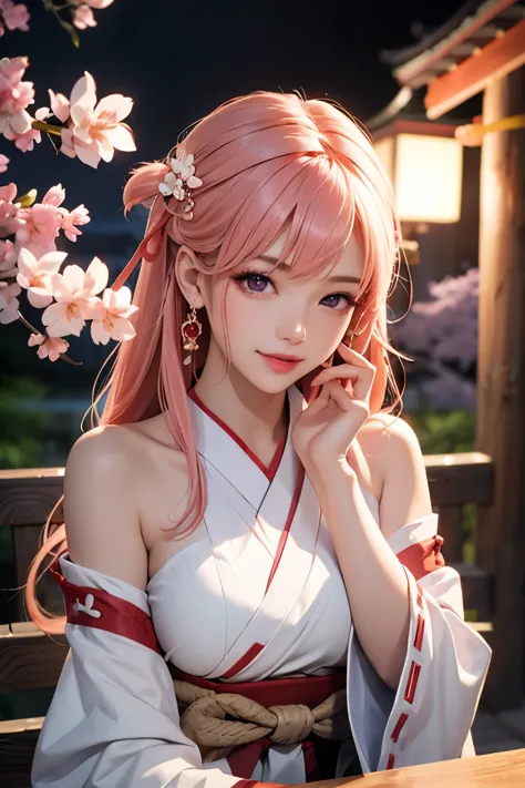 1 girl, (ulzzang-6500:0.7), K-pop idol, Yae Shrine Maiden, Separate sleeves, bare shoulders, pink hair, long hair, japanese clot...