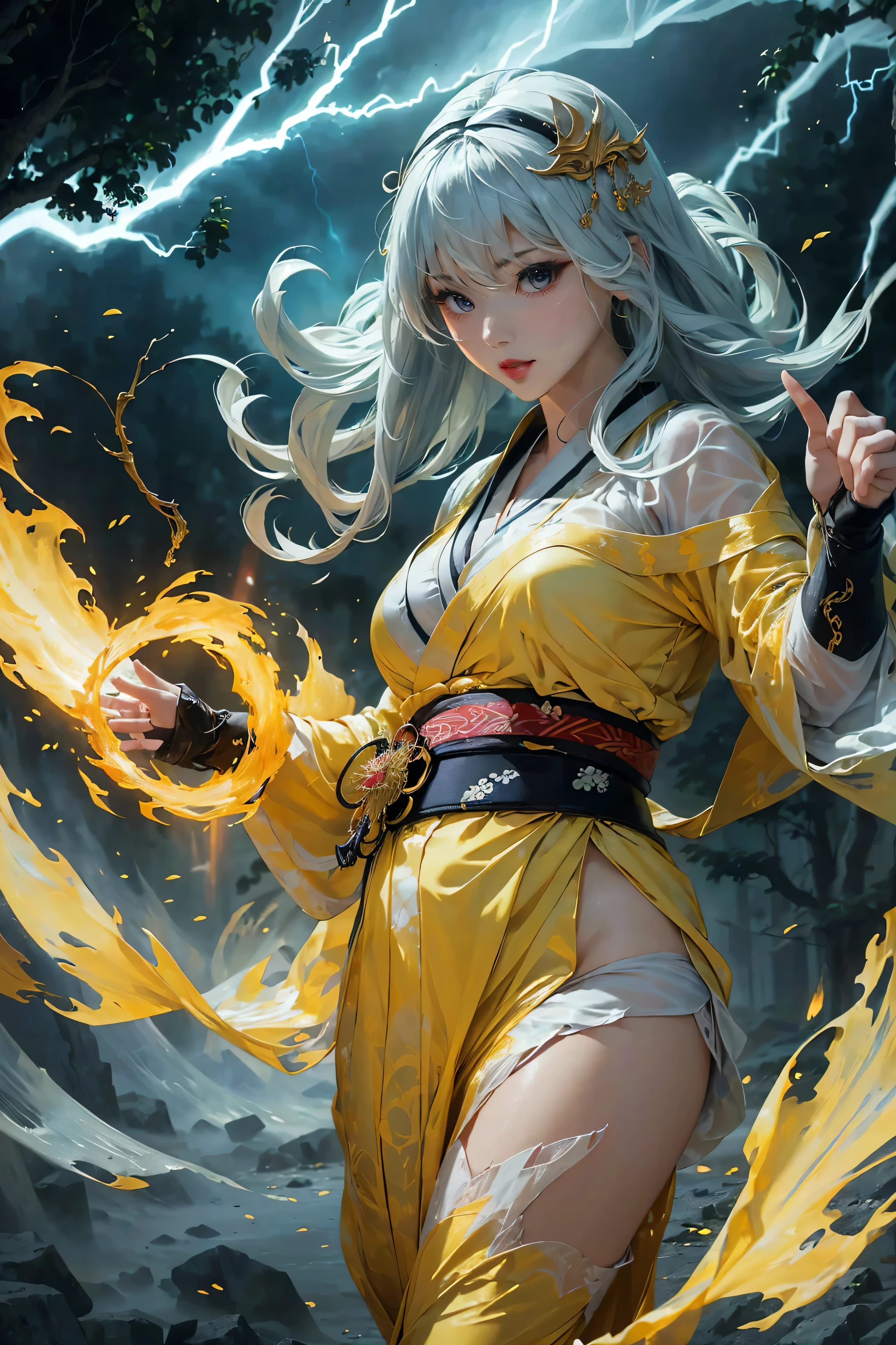 (8k, highest quality, masterpiece: 1.2), (realistic, realistic: 1.37), Super detailed, ((A bewitching female thunder god dancing in the sky:1))、((Female thunder god in sexy Japanese style kimono))、A sexy thunder god who controls lightning、((A sexy golden kimono inspired by thunder:1))