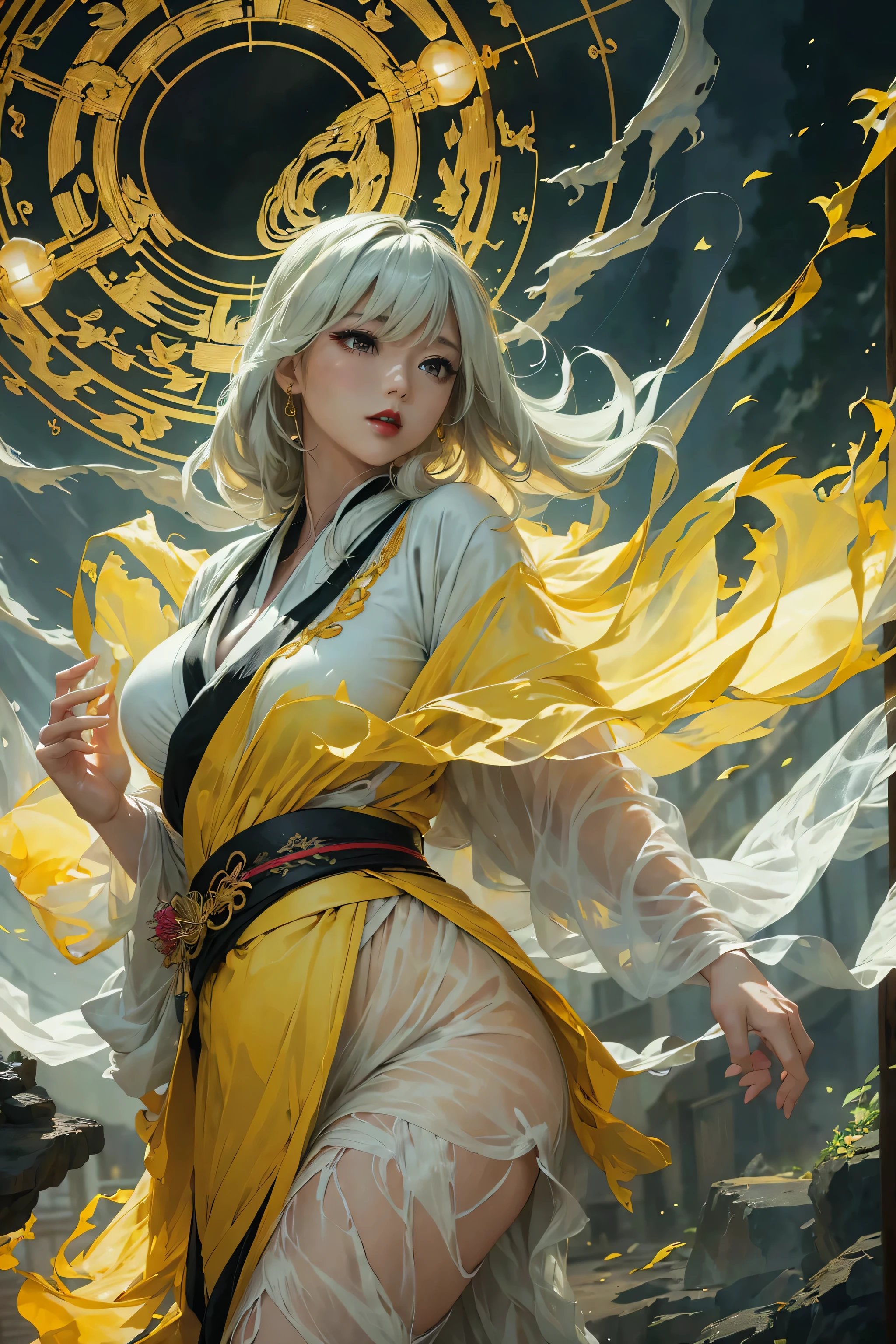 (8k, highest quality, masterpiece: 1.2), (realistic, realistic: 1.37), Super detailed, ((A bewitching female thunder god dancing in the sky:1))、((Female thunder god in sexy Japanese style kimono))、A sexy thunder god who controls lightning、((A sexy golden kimono inspired by thunder:1))