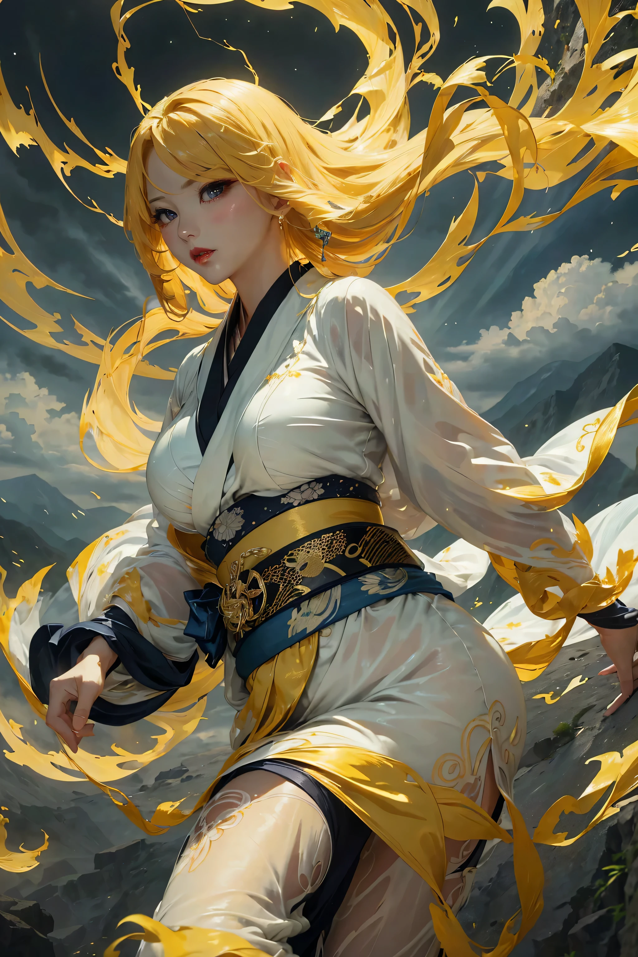 (8k, highest quality, masterpiece: 1.2), (realistic, realistic: 1.37), Super detailed, ((A bewitching female thunder god dancing in the sky:1))、((Female thunder god in sexy Japanese style kimono))、A sexy thunder god who controls lightning、((A sexy golden kimono inspired by thunder:1))