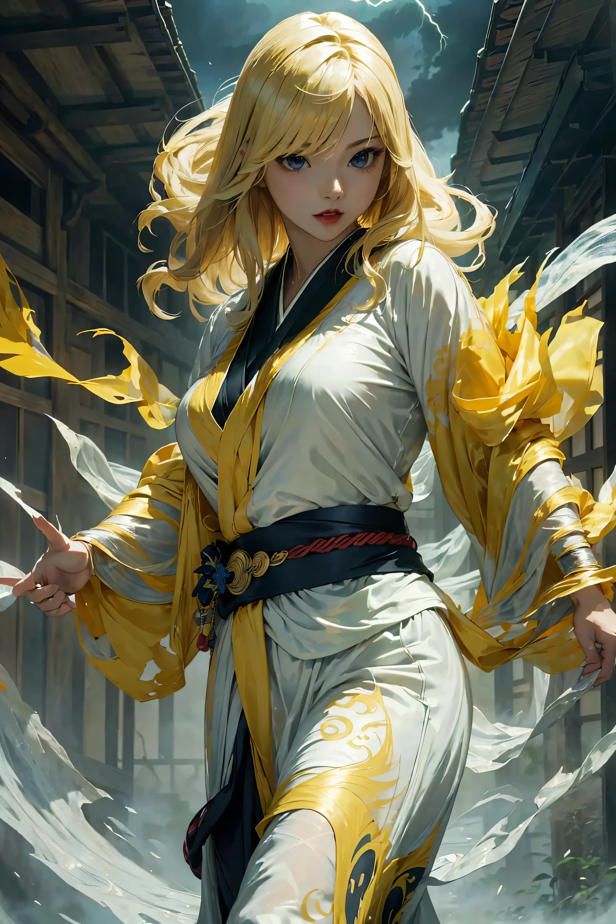 (8k, highest quality, masterpiece: 1.2), (realistic, realistic: 1.37), Super detailed, ((A bewitching female thunder god dancing in the sky:1))、((Female thunder god in sexy Japanese style kimono))、A sexy thunder god who controls lightning、((A sexy golden kimono inspired by thunder:1))