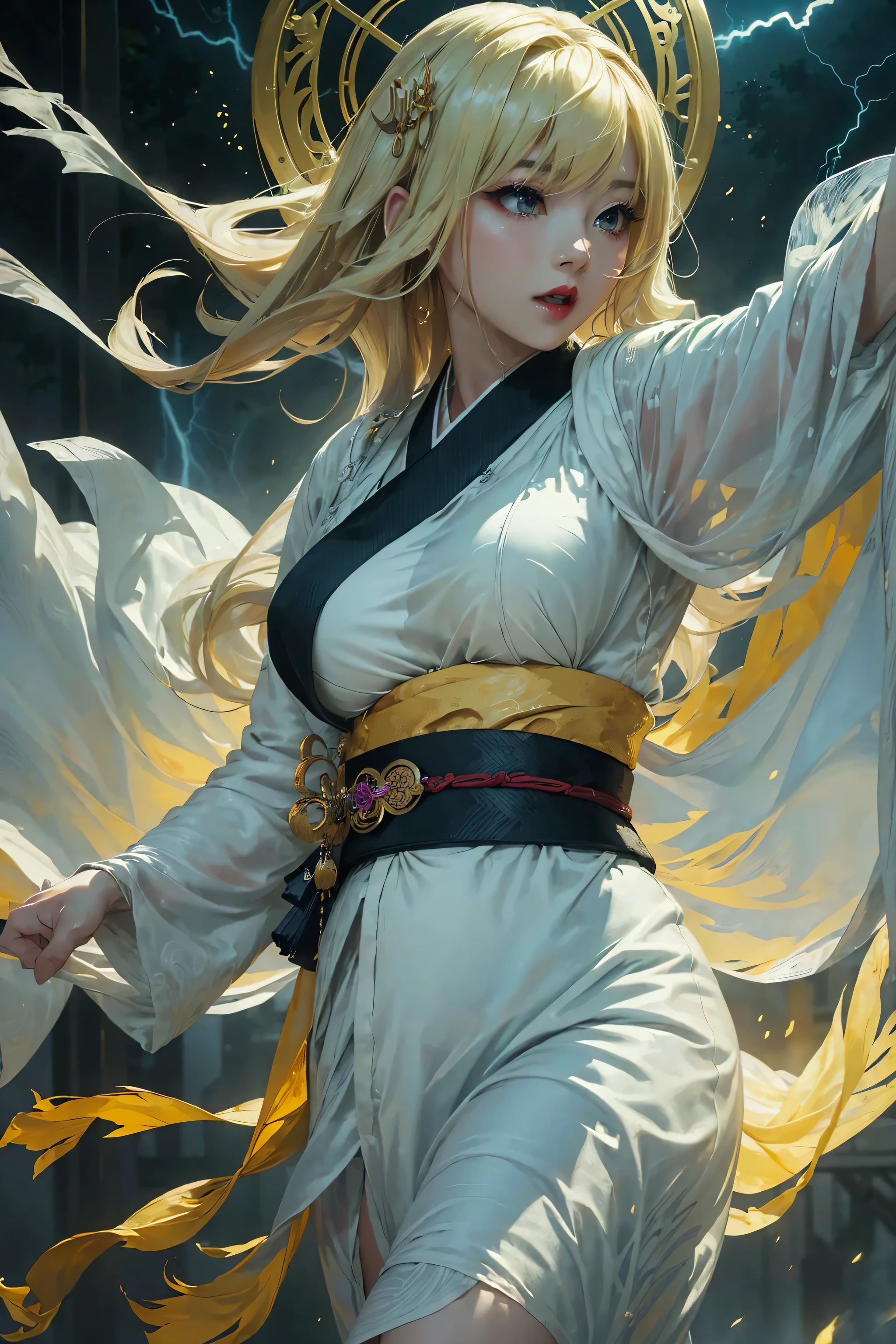 (8k, highest quality, masterpiece: 1.2), (realistic, realistic: 1.37), Super detailed, ((A bewitching female thunder god dancing in the sky:1))、((Female thunder god in sexy Japanese style kimono))、A sexy thunder god who controls lightning、((A sexy golden kimono inspired by thunder:1))