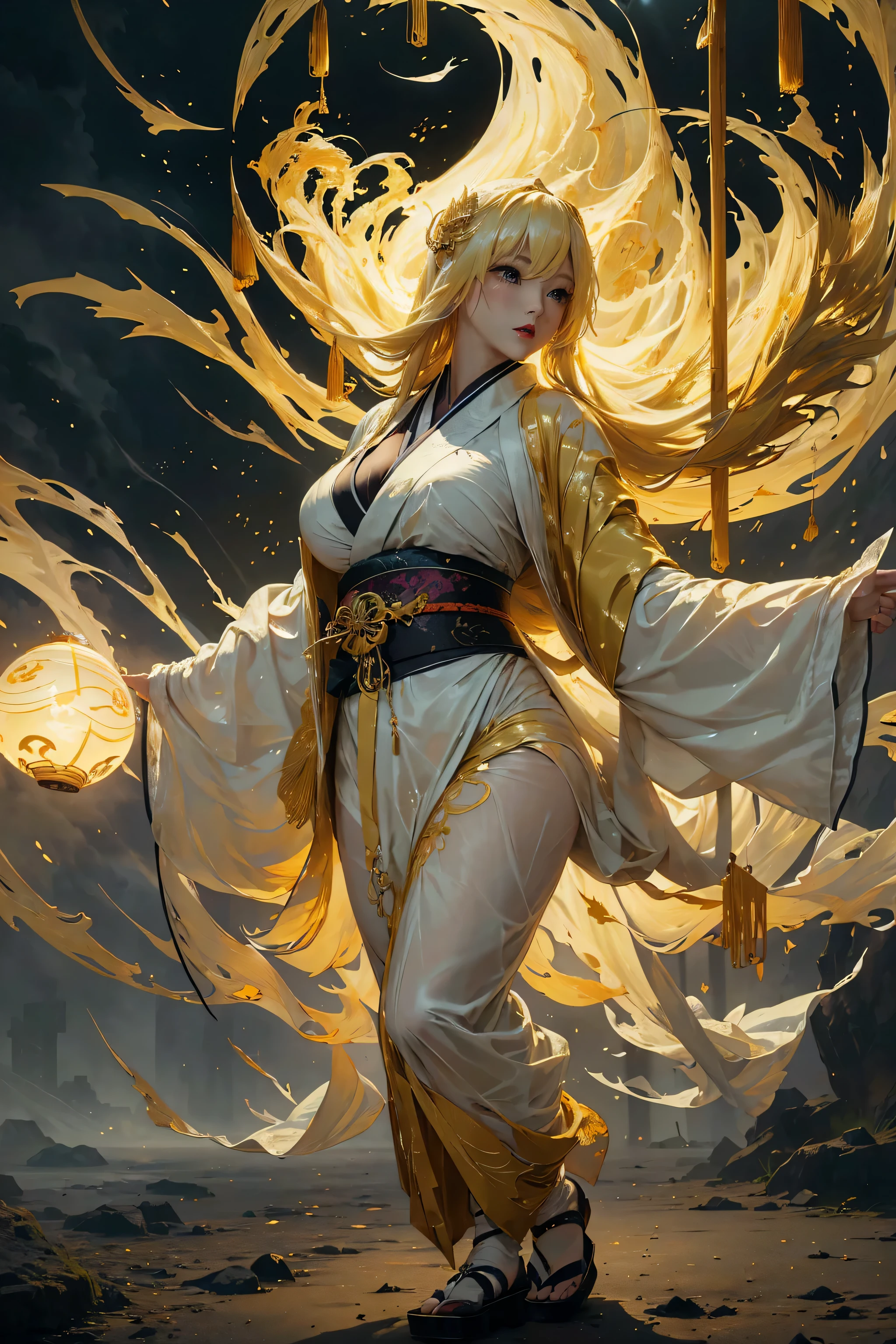 (8k, highest quality, masterpiece: 1.2), (realistic, realistic: 1.37), Super detailed, ((A bewitching female thunder god dancing in the sky:1))、((Female thunder god in sexy Japanese style kimono))、A sexy thunder god who controls lightning、((A sexy golden kimono inspired by thunder:1))