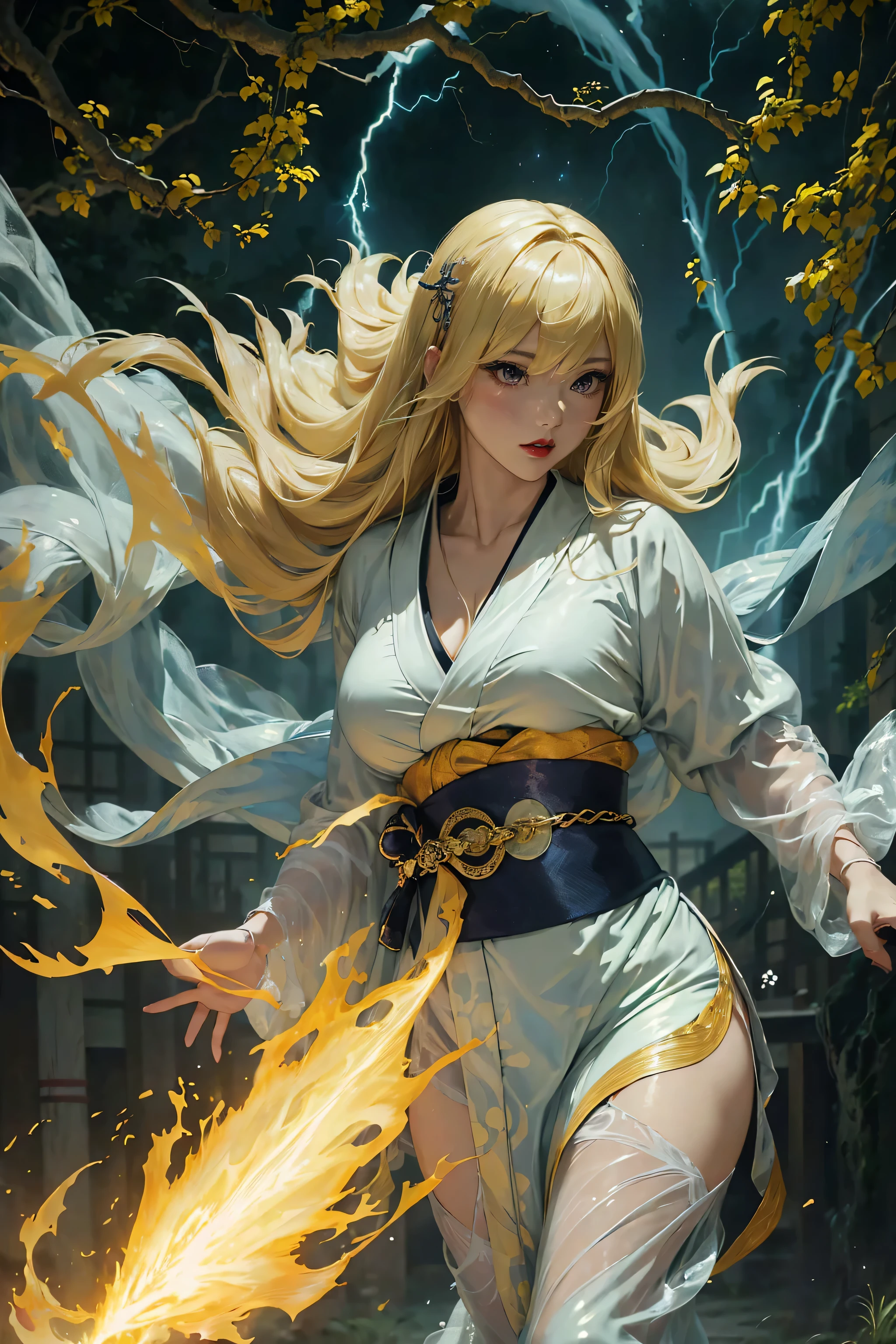 (8k, highest quality, masterpiece: 1.2), (realistic, realistic: 1.37), Super detailed, ((A bewitching female thunder god dancing in the sky:1))、((Female thunder god in sexy Japanese style kimono))、A sexy thunder god who controls lightning、((A sexy golden kimono inspired by thunder:1))