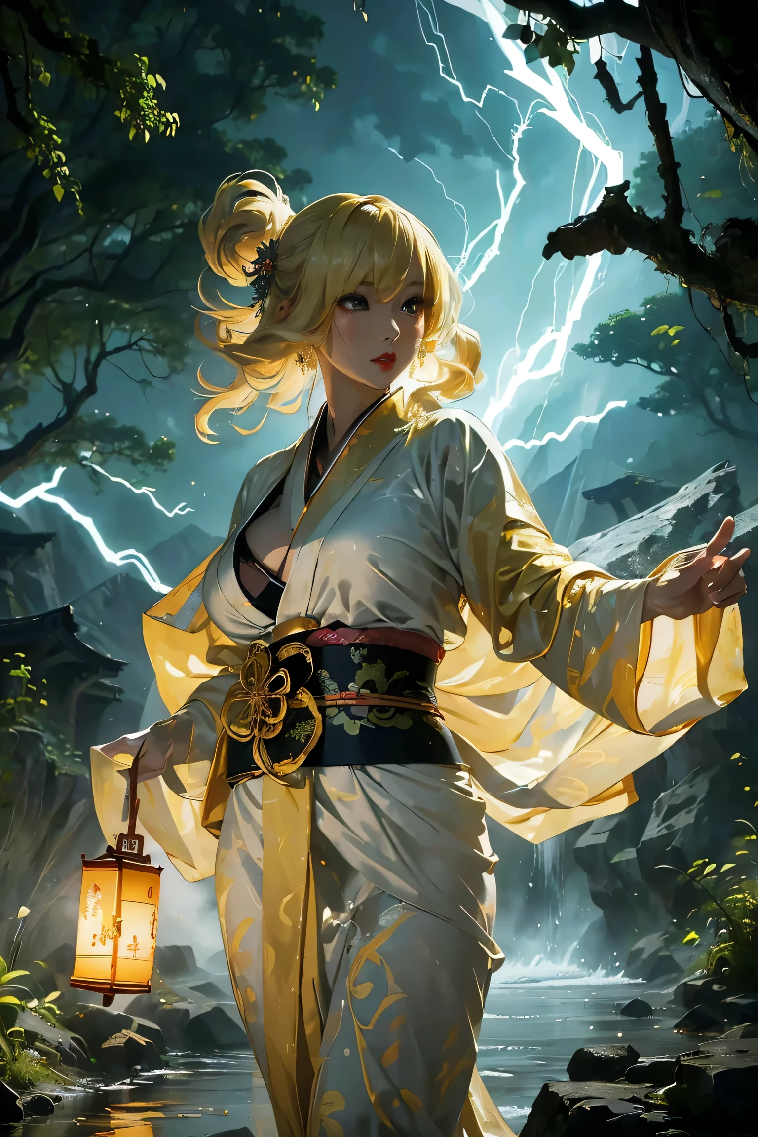 (8k, highest quality, masterpiece: 1.2), (realistic, realistic: 1.37), Super detailed, ((A bewitching female thunder god dancing in the sky:1))、((Female thunder god in sexy Japanese style kimono))、A sexy thunder god who controls lightning、((A sexy golden kimono inspired by thunder:1))