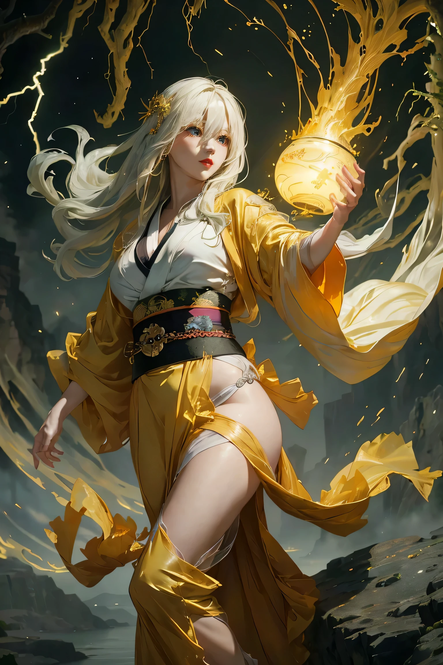 (8k, highest quality, masterpiece: 1.2), (realistic, realistic: 1.37), Super detailed, ((A bewitching female thunder god dancing in the sky:1))、((Female thunder god in sexy Japanese style kimono))、A sexy thunder god who controls lightning、((A sexy golden kimono inspired by thunder:1))