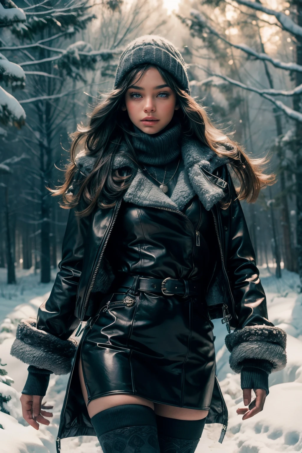 (best quality,4k,8k,highres,masterpiece:1.2),ultra-detailed,(realistic,photorealistic,photo-realistic:1.37),blonde girl with perfect body,sexy leather clothing,walking through dark forest in snowy winter,beautiful detailed eyes,beautiful detailed lips,extremely detailed eyes and face,longeyelashes,dark atmosphere,mysterious shadows,heavy snowfall,moonlight piercing through trees,soft and diffused lighting,enchanting winter color palette,contrast between dark and light,crisp winter air,majestic trees covered in snow,frosty breath visible in the cold,steamy footprints in the snow,deep silence and serenity,subtle hints of danger,hidden figures in the shadows,emerging from the mist,creating an aura of mystery and intrigue,alluring and bold attitude of the girl,confident strides in the snow,highly realistic rendering of the leather texture,sensuous and form-fitting clothing,hint of sensuality in the air,subtle touch of allure,tempting and captivating presence,merge of beauty and danger in a captivating winter scene.