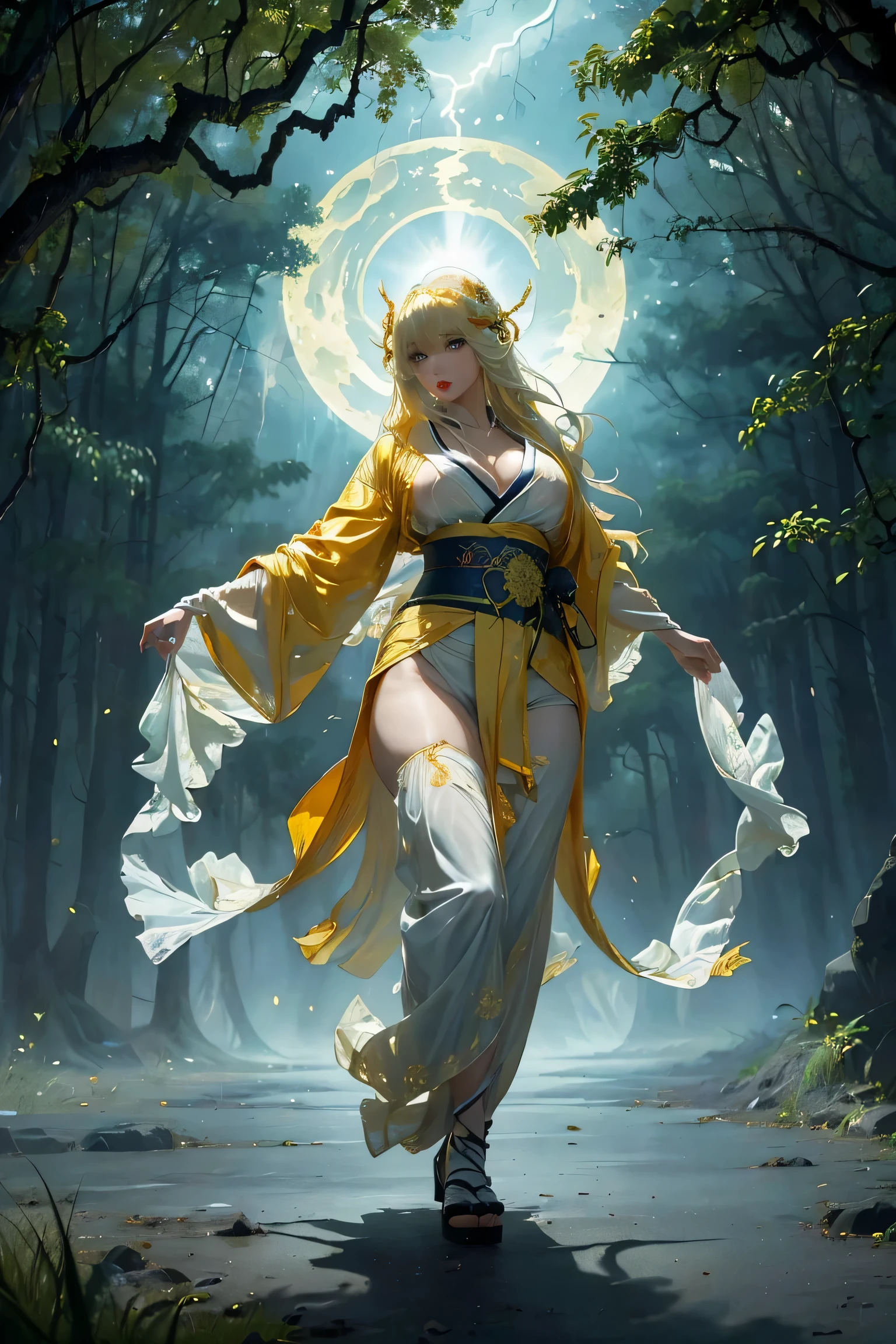 (8k, highest quality, masterpiece: 1.2), (realistic, realistic: 1.37), Super detailed, ((A bewitching female thunder god dancing in the sky:1))、((Female thunder god in sexy Japanese style kimono))、A sexy thunder god who controls lightning、((A sexy golden kimono inspired by thunder:1))