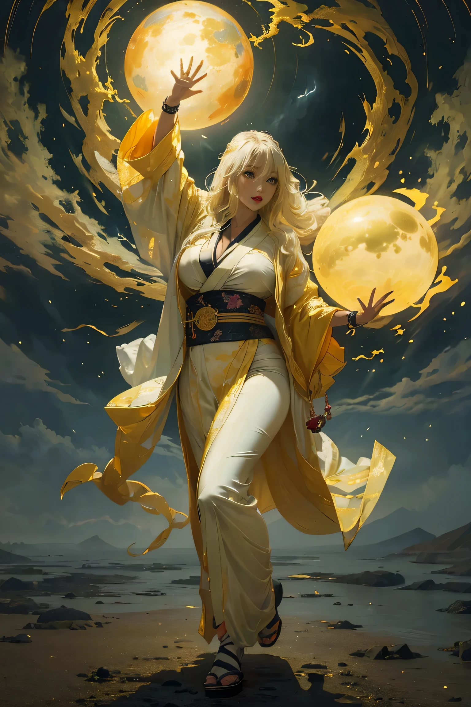 (8k, highest quality, masterpiece: 1.2), (realistic, realistic: 1.37), Super detailed, ((A bewitching female thunder god dancing in the sky:1))、((Female thunder god in sexy Japanese style kimono))、A sexy thunder god who controls lightning、((A sexy golden kimono inspired by thunder:1))