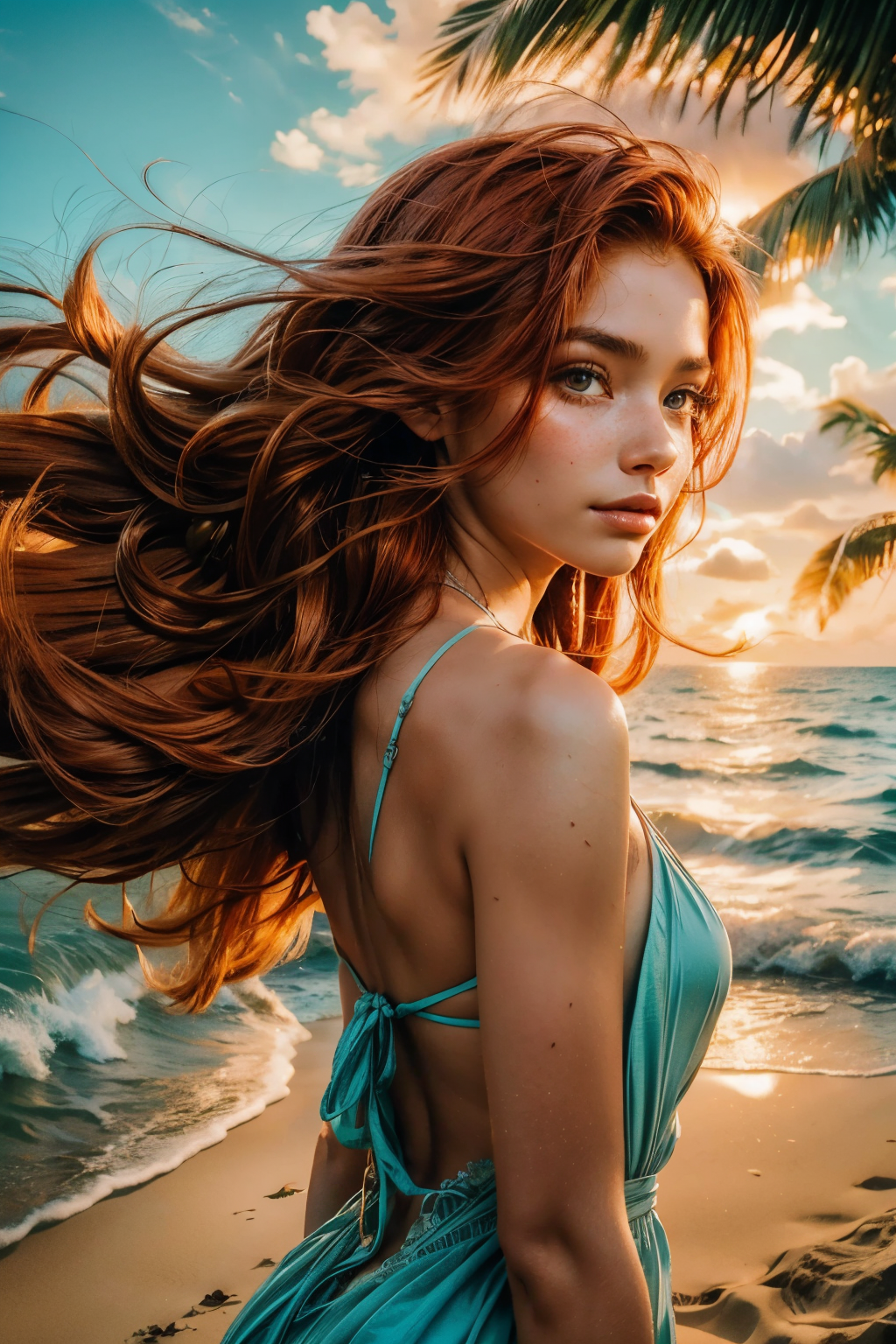 a girl with stunning red hair,standing alone on a deserted tropical island,surrounded by clear turquoise water and pristine sandy beaches,beautiful detailed eyes,long eyelashes,charming smile,flowing locks of red hair,soft and smooth skin,sun-kissed cheeks and freckles,a sense of curiosity and adventure in her eyes,seagulls flying above her, palm trees swaying gently in the breeze, exotic flowers blooming, colorful tropical birds chirping,colorful sunset casting a warm glow on the horizon,her dress flowing in the wind, barefoot in the warm sand,waves crashing gently on the shore, the sound of ocean waves calming her soul,the distant sound of a ship's horn,a sense of solitude and serenity, a longing for companionship and discovery,highres,ultra-detailed,photorealistic rendering with vivid colors and sharp focus,capturing the beauty of the girl and the enchanting nature of the island,stunning portrait with a touch of fantasy and mystery,a masterpiece of art that captures the viewer's imagination.