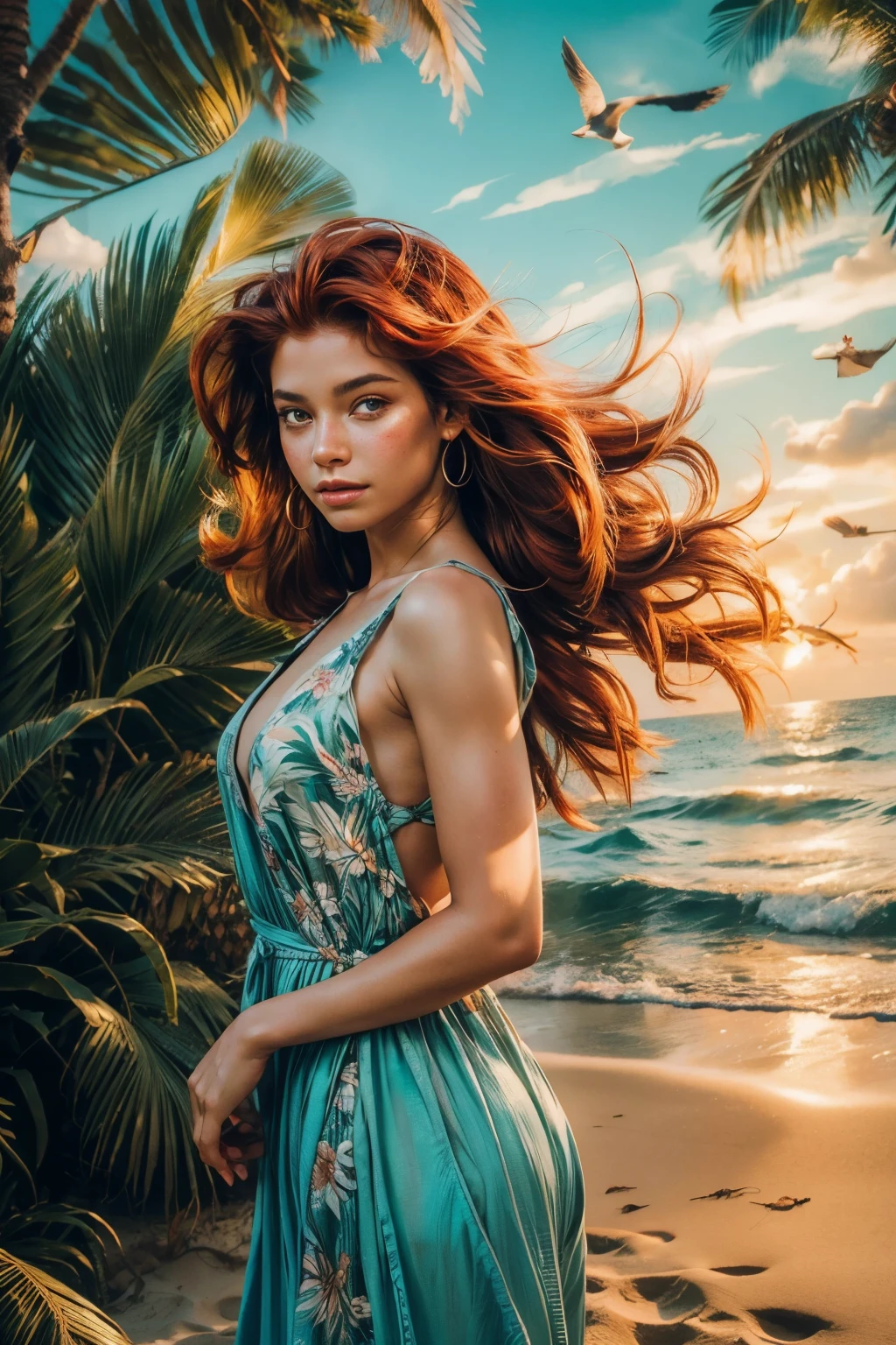 a girl with stunning red hair,standing alone on a deserted tropical island,surrounded by clear turquoise water and pristine sandy beaches,beautiful detailed eyes,long eyelashes,charming smile,flowing locks of red hair,soft and smooth skin,sun-kissed cheeks and freckles,a sense of curiosity and adventure in her eyes,seagulls flying above her, palm trees swaying gently in the breeze, exotic flowers blooming, colorful tropical birds chirping,colorful sunset casting a warm glow on the horizon,her dress flowing in the wind, barefoot in the warm sand,waves crashing gently on the shore, the sound of ocean waves calming her soul,the distant sound of a ship's horn,a sense of solitude and serenity, a longing for companionship and discovery,highres,ultra-detailed,photorealistic rendering with vivid colors and sharp focus,capturing the beauty of the girl and the enchanting nature of the island,stunning portrait with a touch of fantasy and mystery,a masterpiece of art that captures the viewer's imagination.